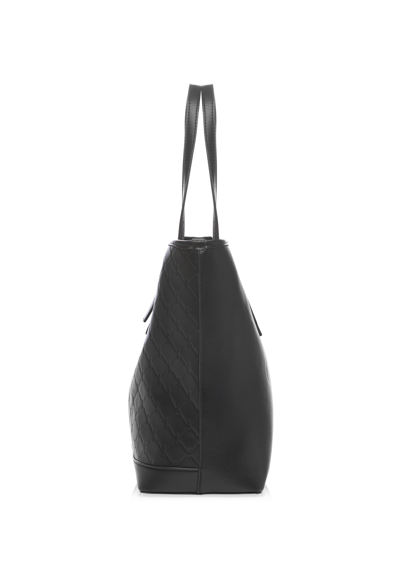 Czarna torebka shopper z monogramem TOREC-1181-9P(W26), widok produktu z boku na białym tle.