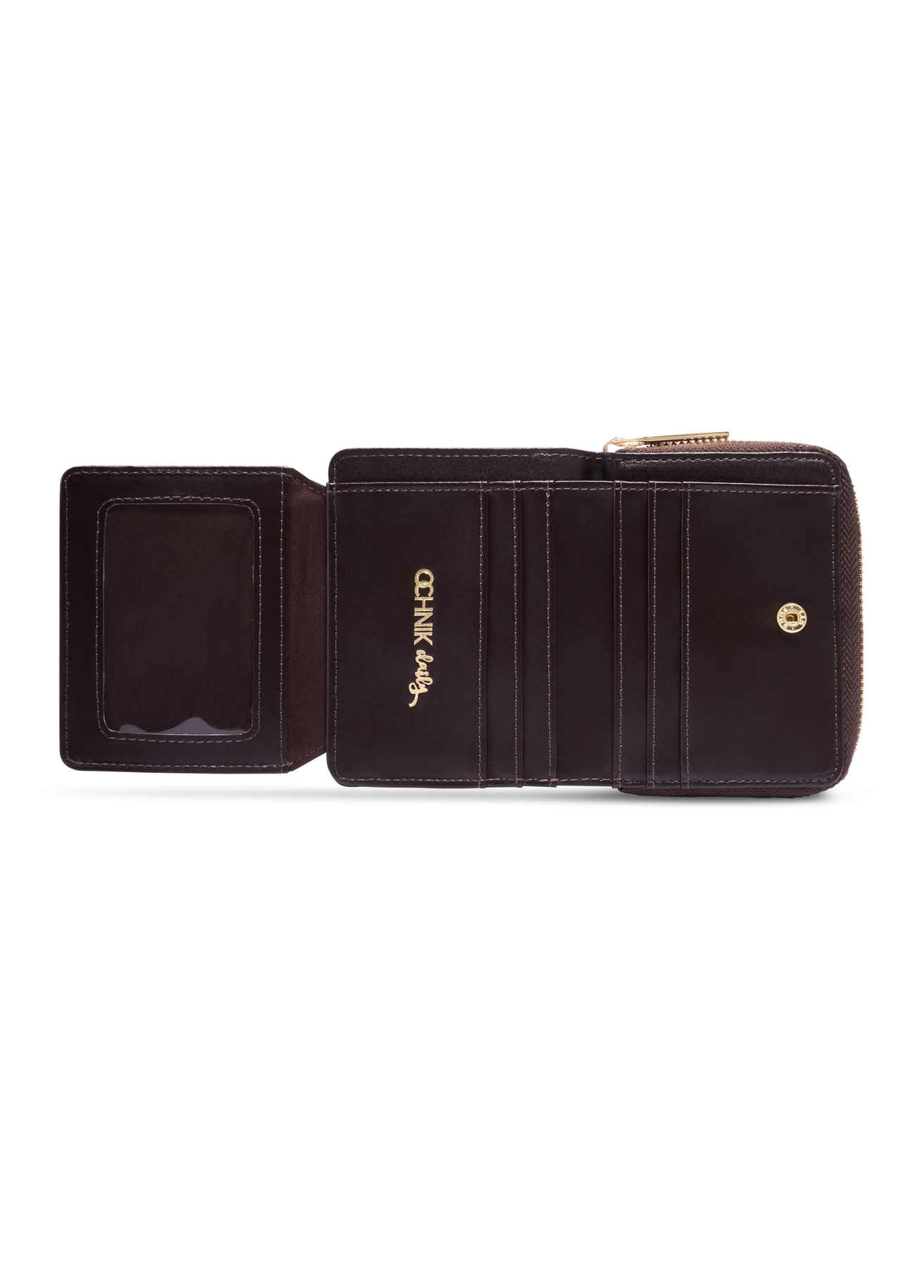 Mały brązowy portfel damski z monogramem POREC-0349A-1I(Z26), widok produktu w środku na białym tle.