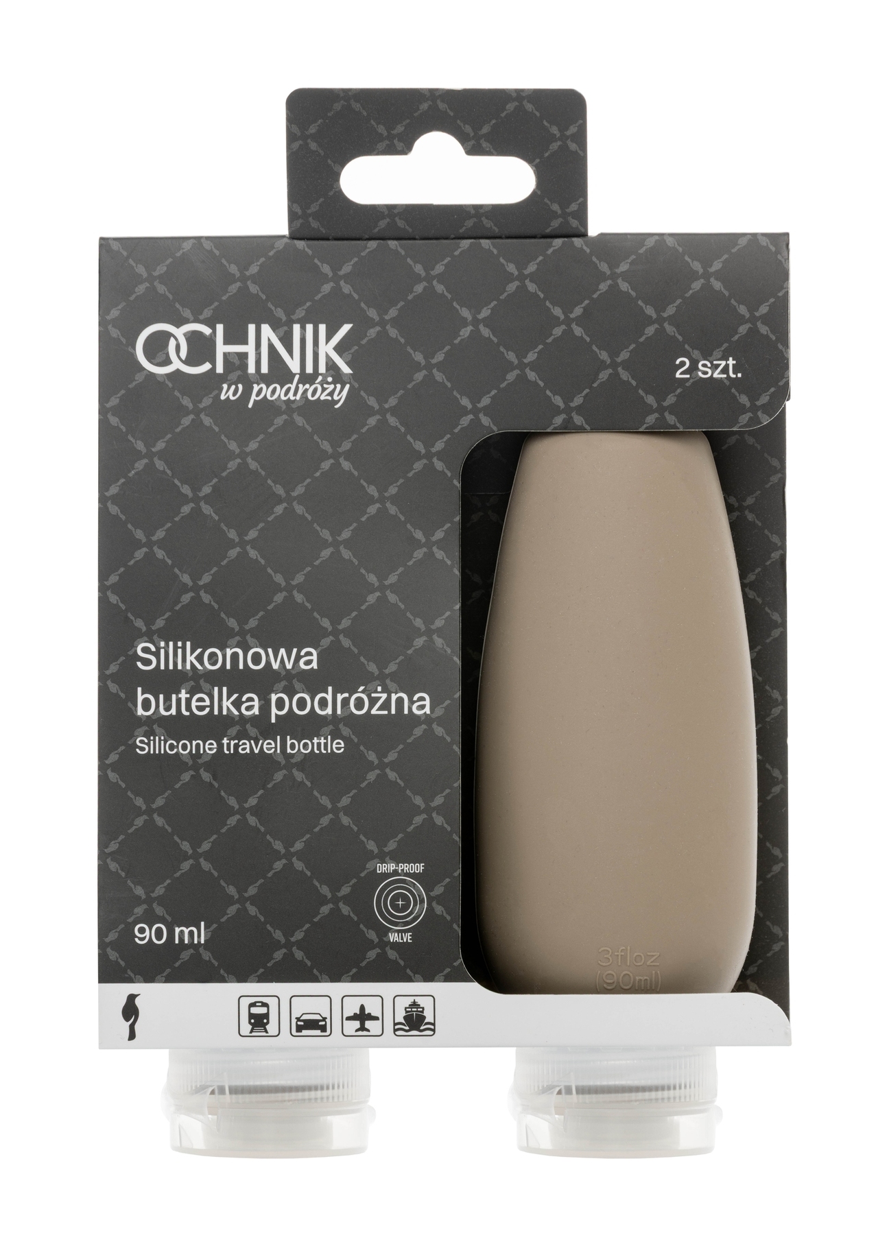 Buteleczki podróżne na kosmetyki AW-016-0001-1K(W26), widok produktu od przodu w opakowaniu na białym tle.