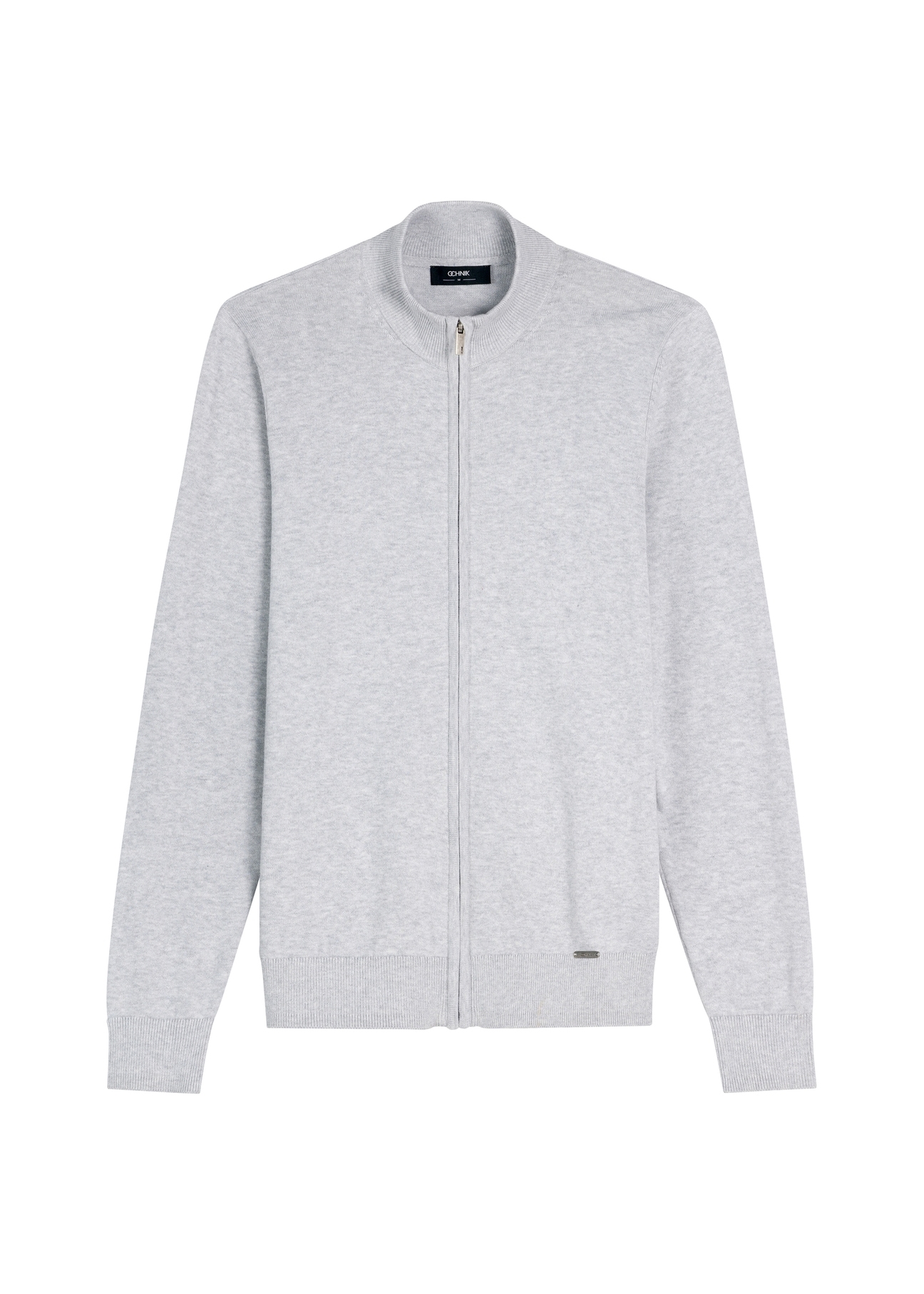 Jasnoszary sweter męski z suwakiem SWEMT-0190-9A(W26), widok produktu z przodu na białym tle.