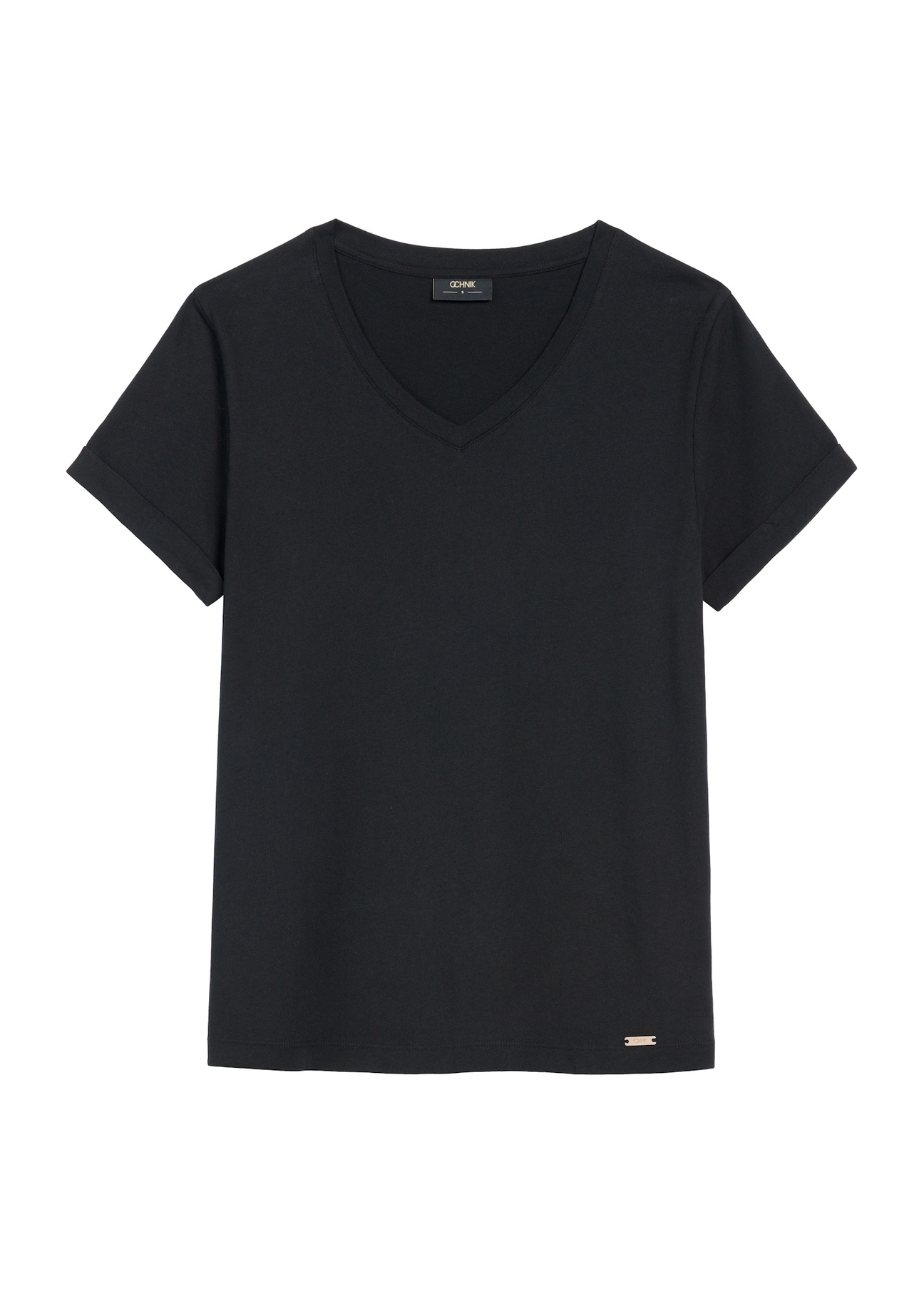 Czarny T-shirt damski w serek TSHDT-0118A-99(Z25), widok produktu z przodu na białym tle.