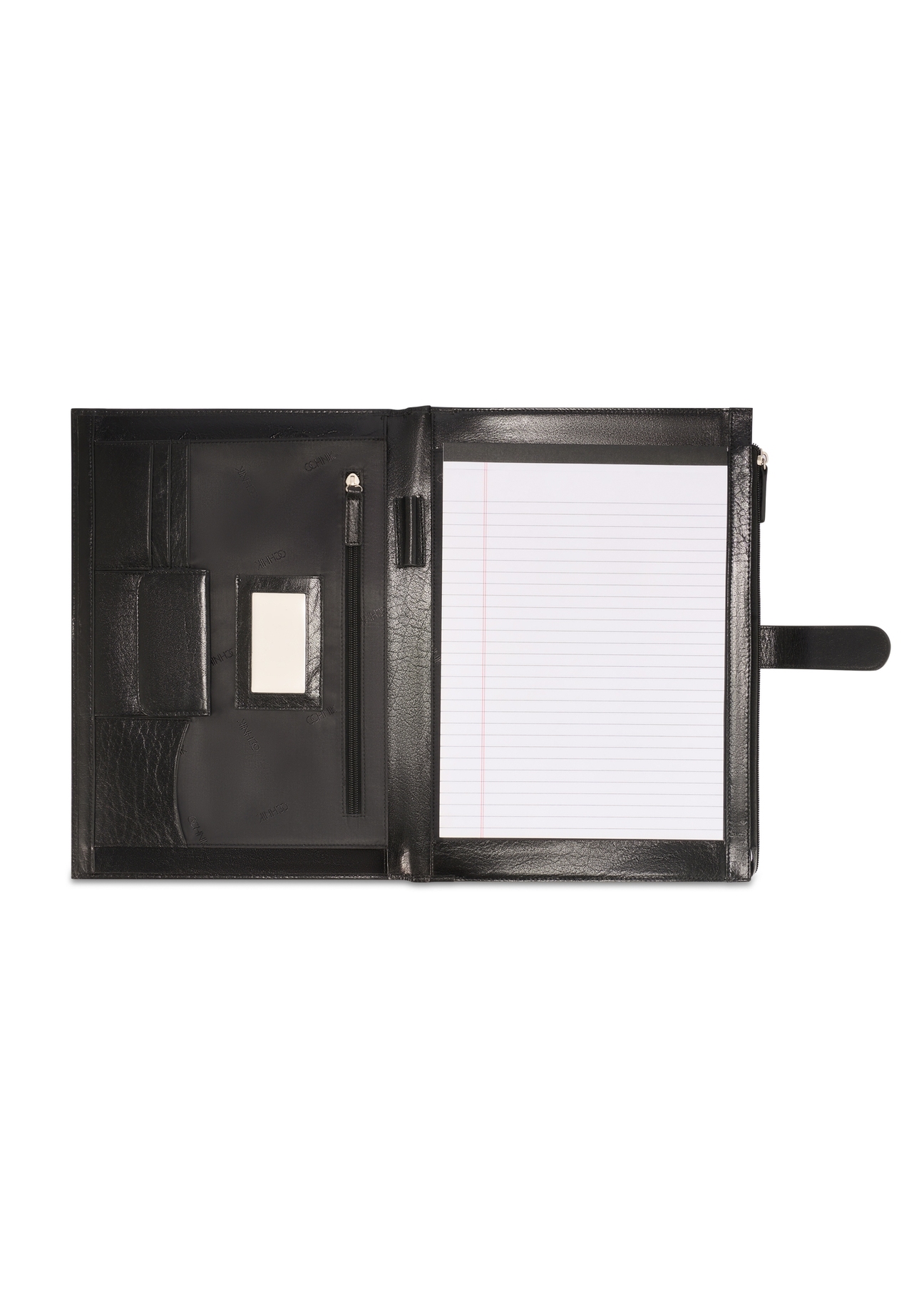 Czarna skórzana teczka męska TORMS-0480-99(Z25), widok produktu od środka na białym tle.