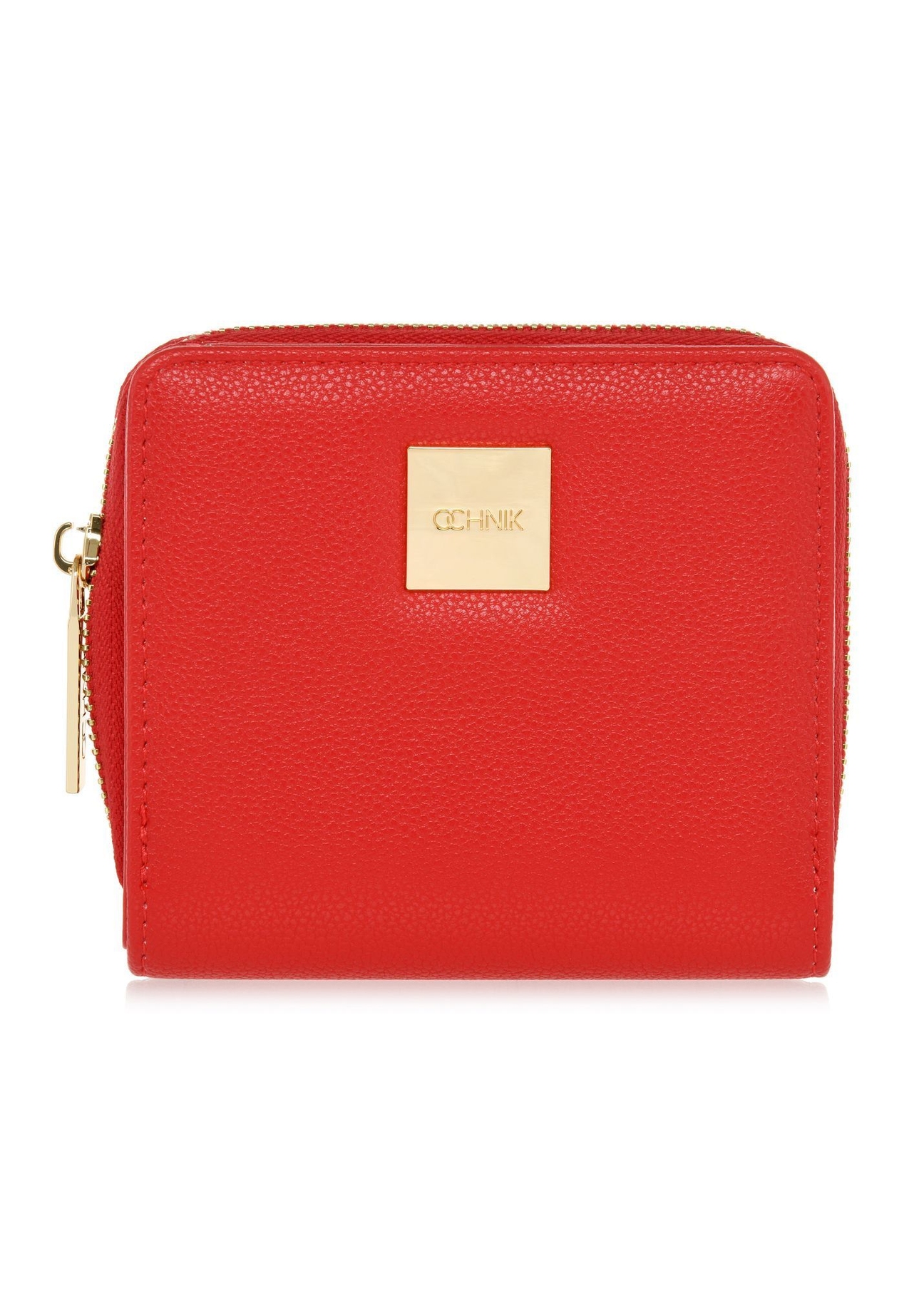 Mały czerwony portfel damski z logo POREC-0366-4A(W26), widok produktu z przodu na białym tle.