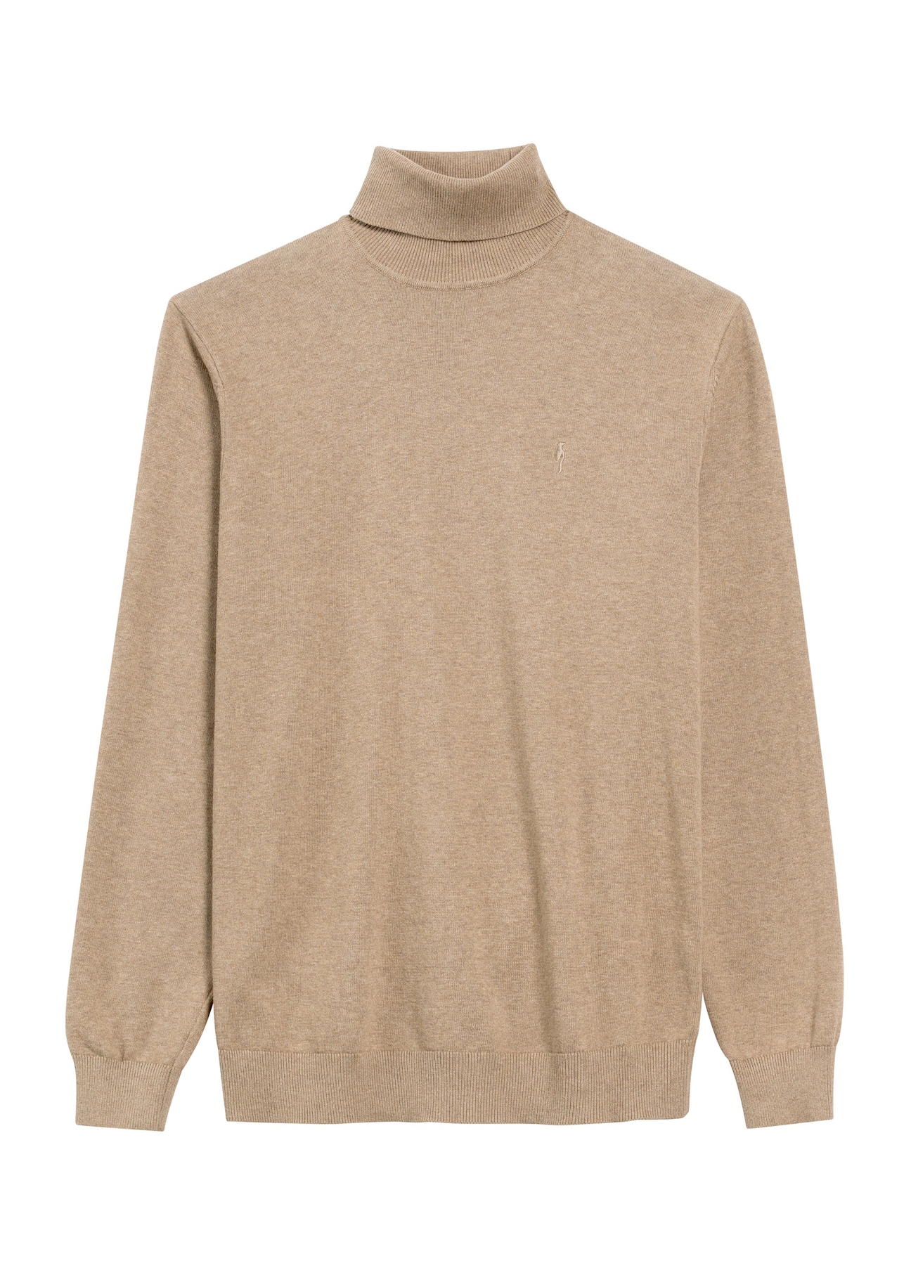 Camelowy sweter męski z golfem SWEMT-0095B-24(Z25), widok produktu z przodu na białym tle.