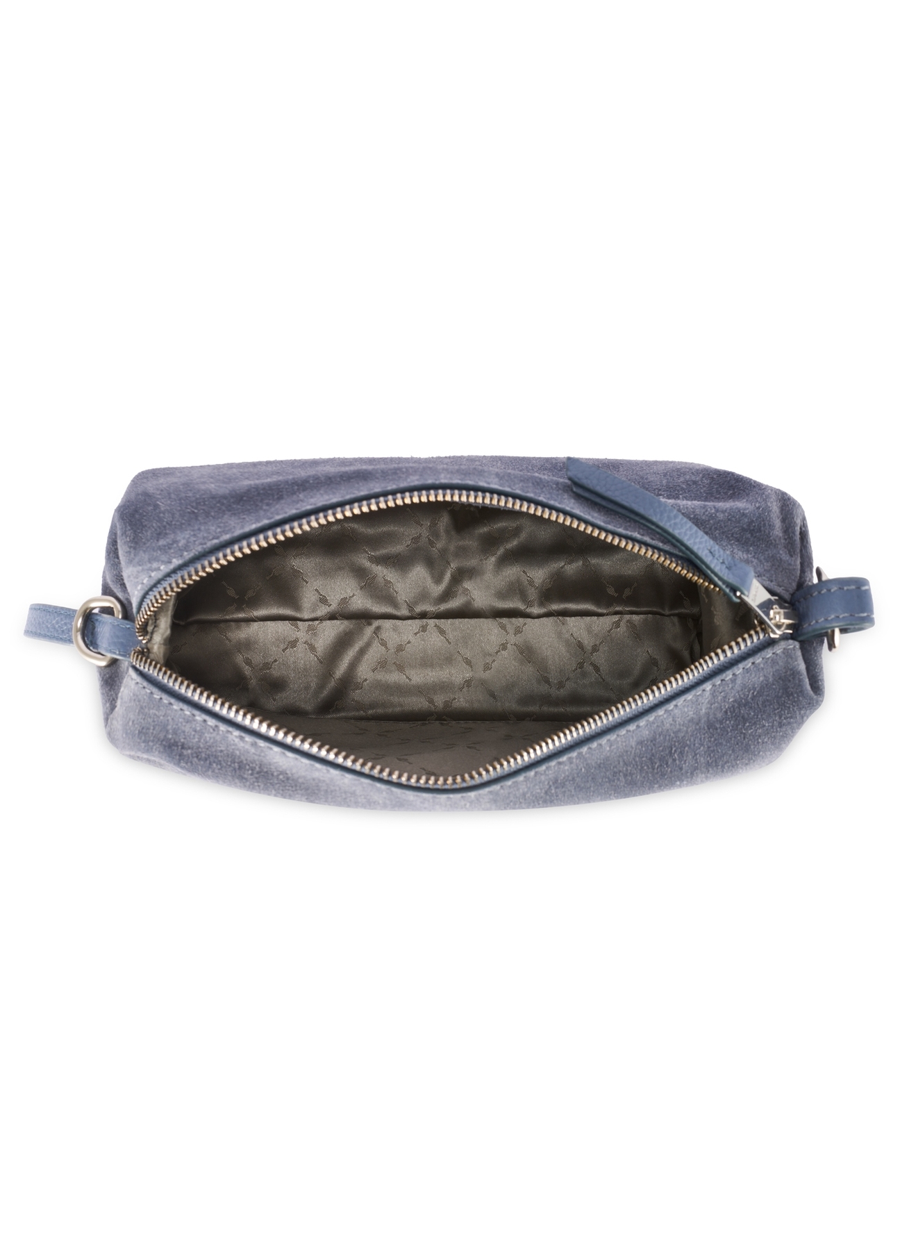 Granatowa zamszowa torebka damska TORES-1249-7C(W26) - widok na produkt z góry, na białym tle.