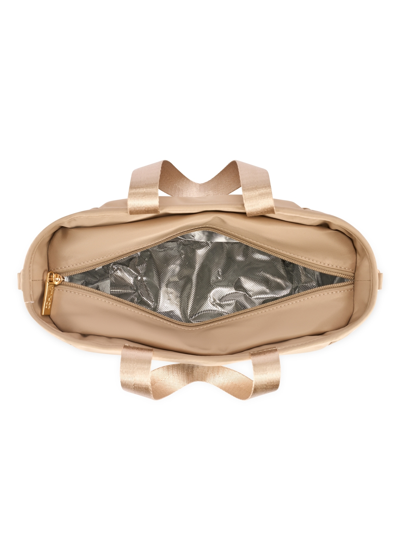 Beżowa torebka typu lunchbox TOREN-0346-1A(W26) - widok produktu z góry, na białym tle. 