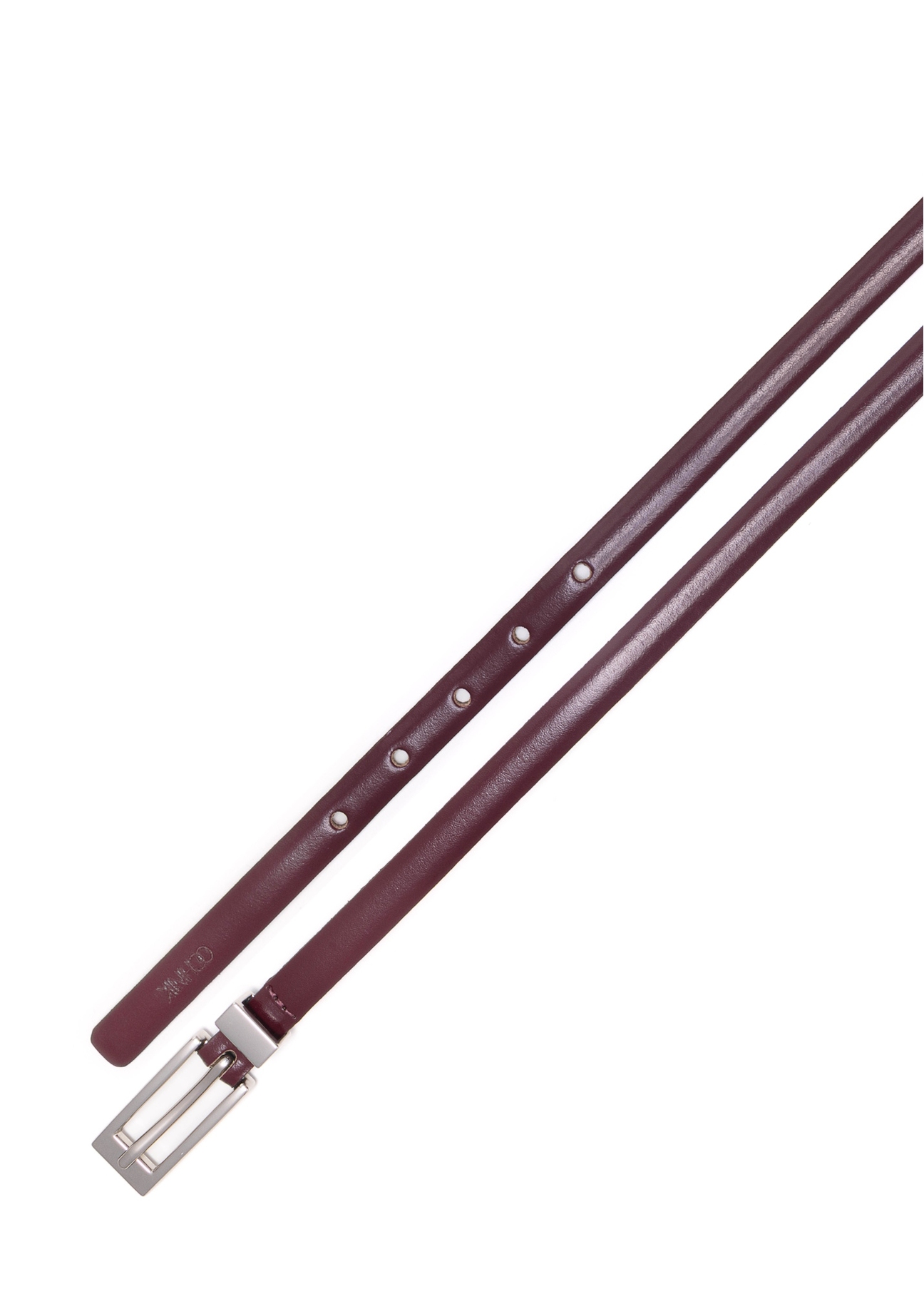 Cienki bordowy skórzany pasek damski PASDS-0150C-49(Z25), widok produktu z góry na białym tle.