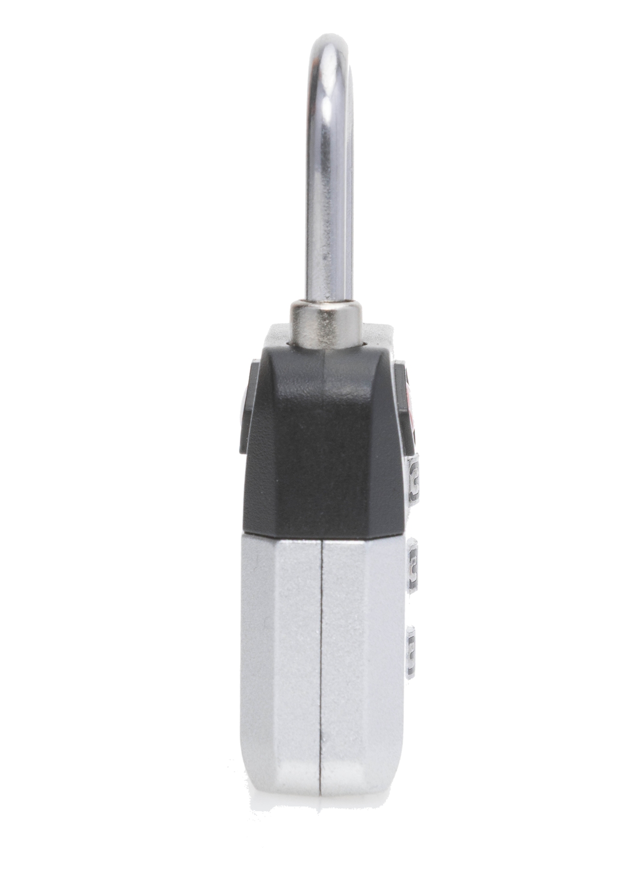 Srebrna szyfrowa kłódka TSA AW-015-0004-92(W25), widok produktu bokiem na białym tle.