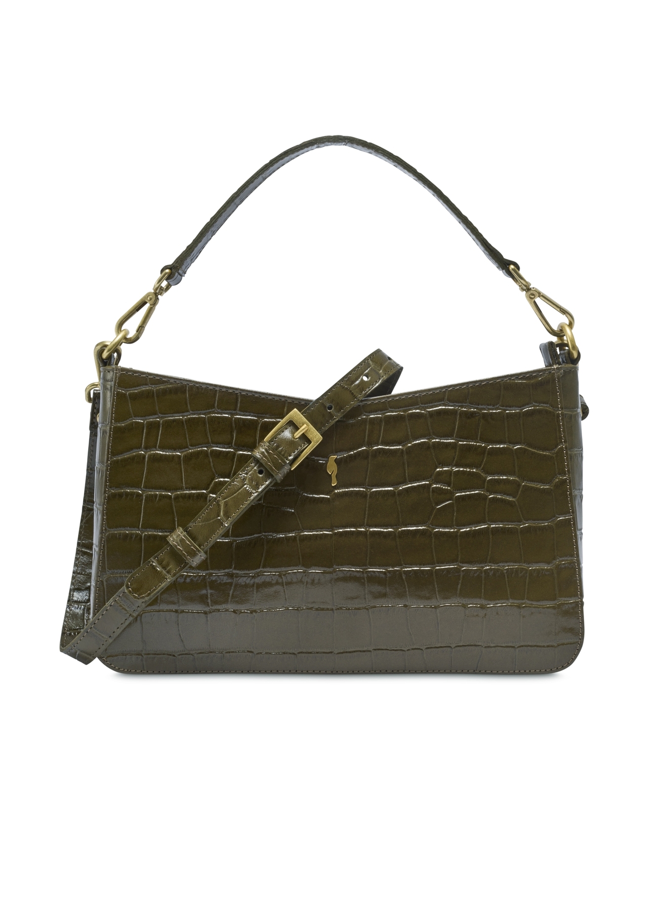 Skórzana khaki torebka croco TORES-1326-8D(Z26), widok produktu z przodu na jasnym tle.