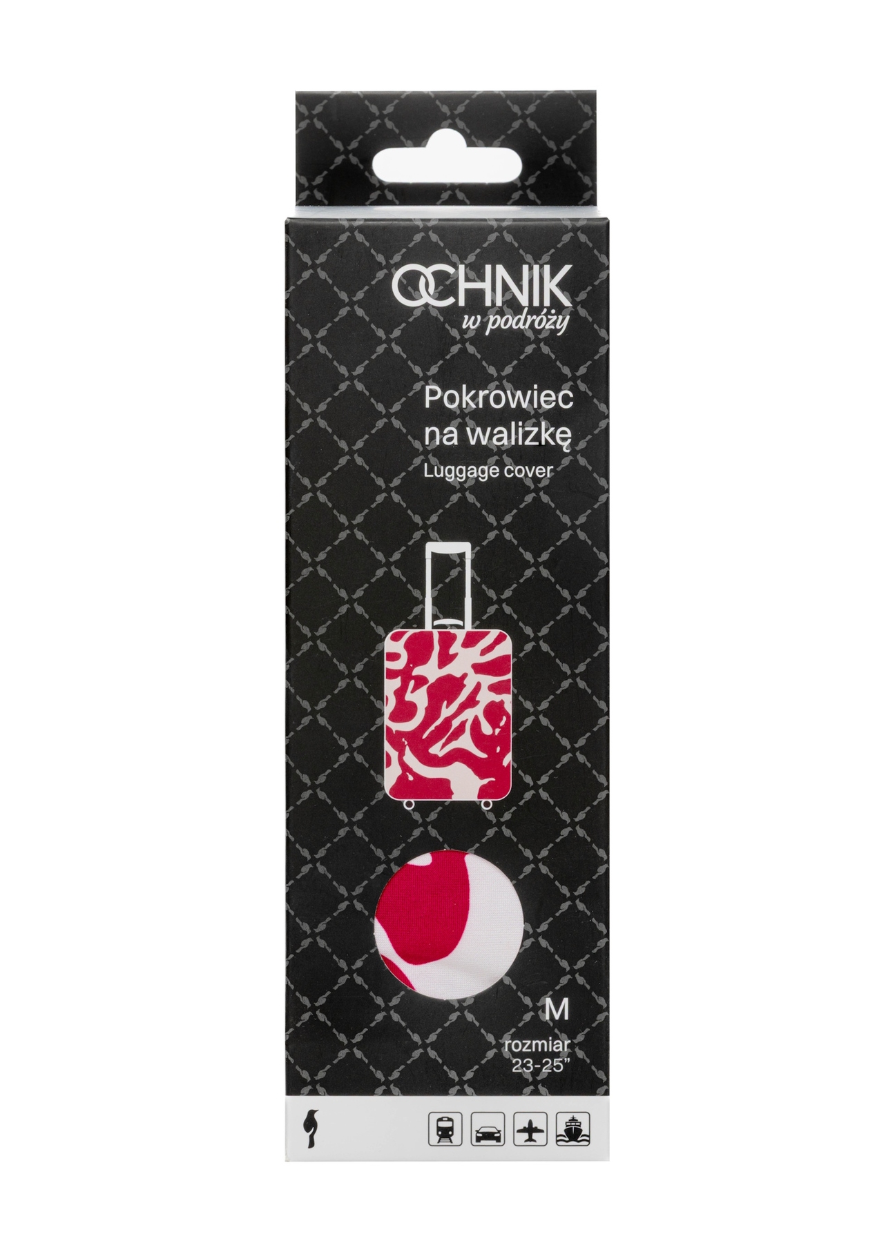 Różowy pokrowiec na dużą walizkę AW-013-0007-5P-L(W26), widok produktu w opakowaniu na białym tle.