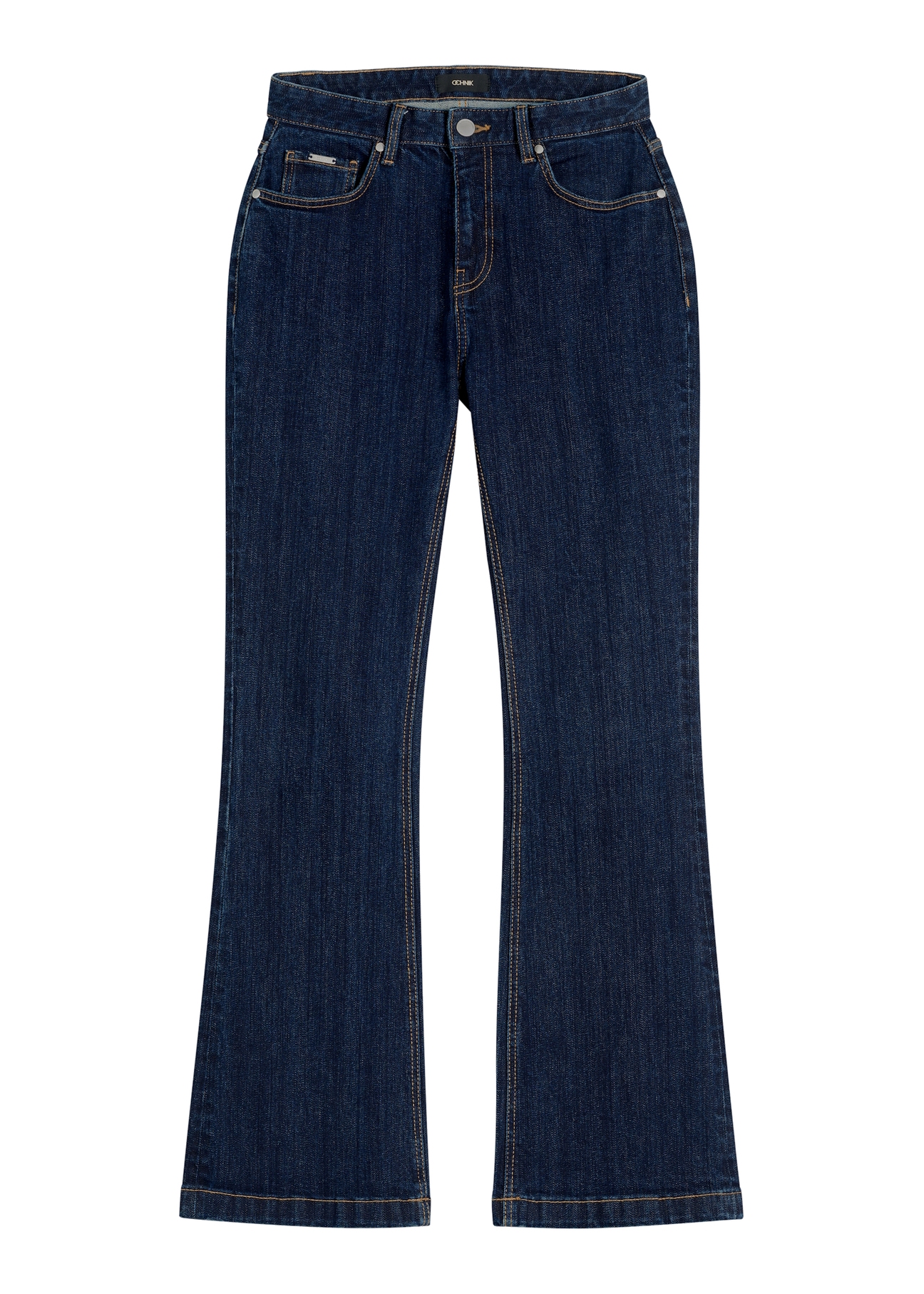 Granatowe jeansy wide leg JEADT-0015-7H(W26) - widok produktu z przodu, na białym tle. 