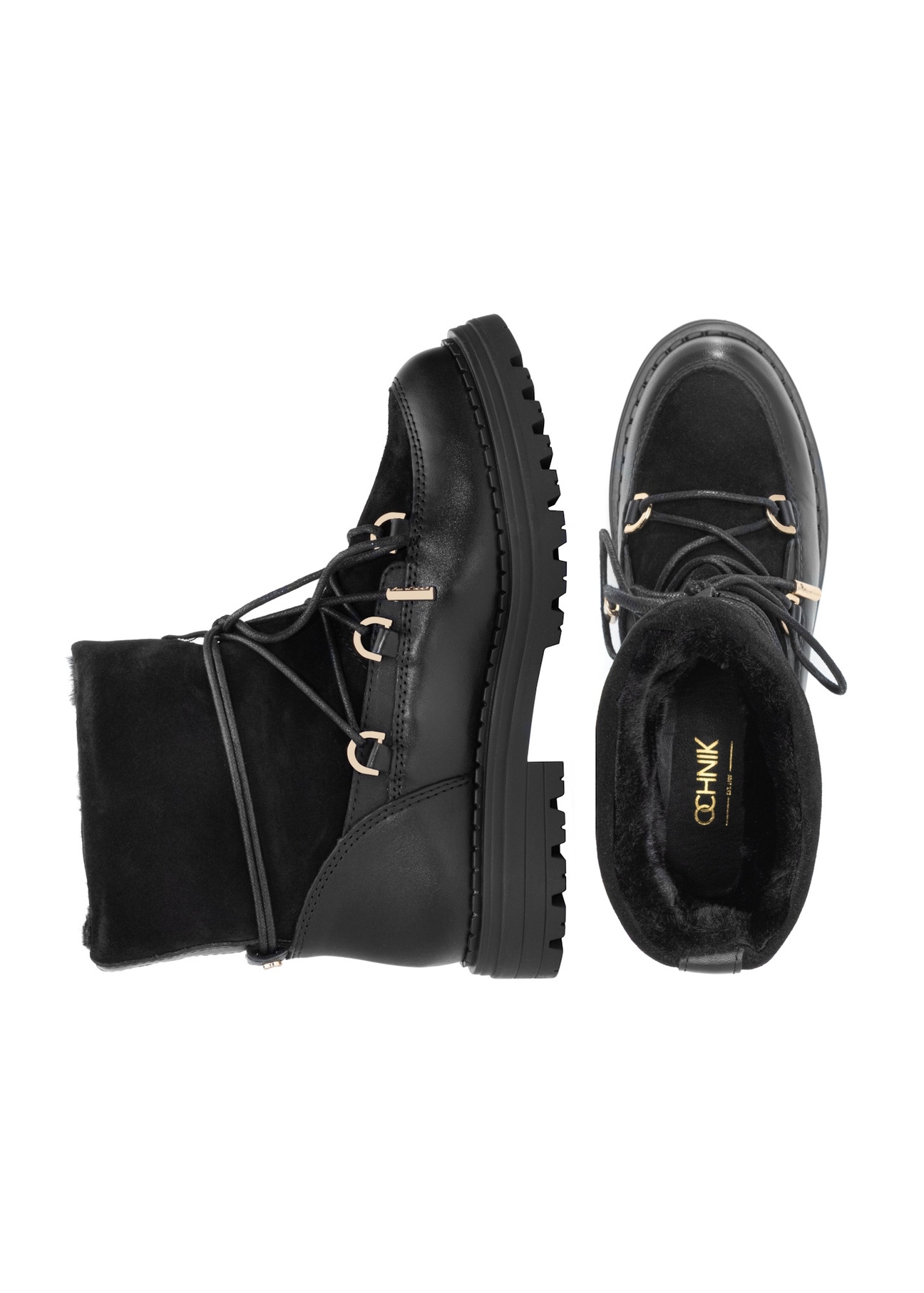 Czarne zamszowe śniegowce damskie BUTYD-1201-99(Z25), widok produktu z góry na białym tle.