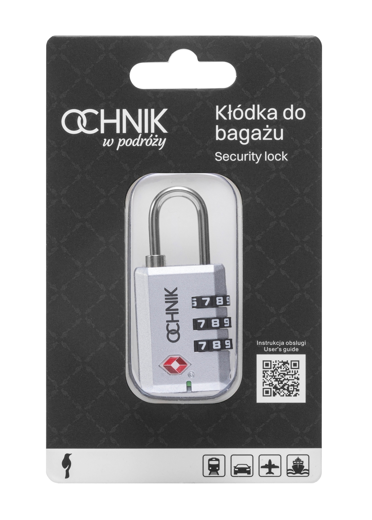 Srebrna szyfrowa kłódka TSA AW-015-0002-92(W25), widok produktu w opakowaniu na białym tle.