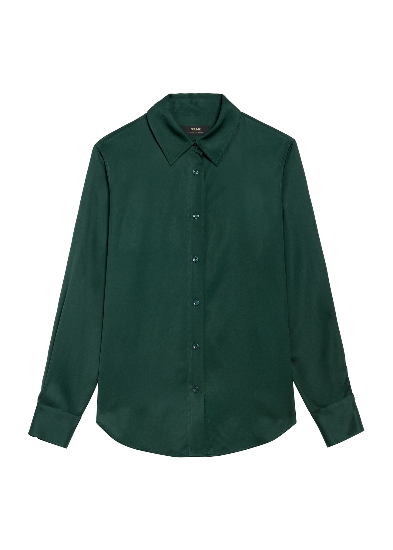 Ciemnozielona koszula damska KOSDT-0172-54(Z25), widok produktu od przodu na białym tle.