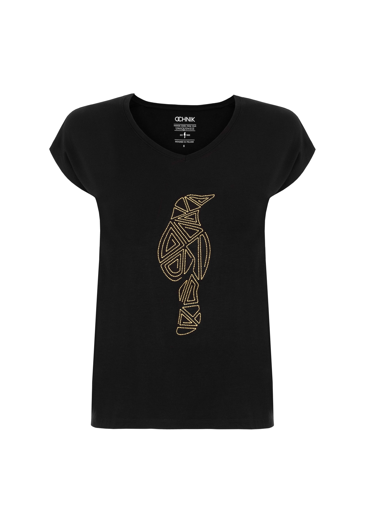 Czarny T-shirt damski z aplikacją TSHDT-0066-99(W22)-02