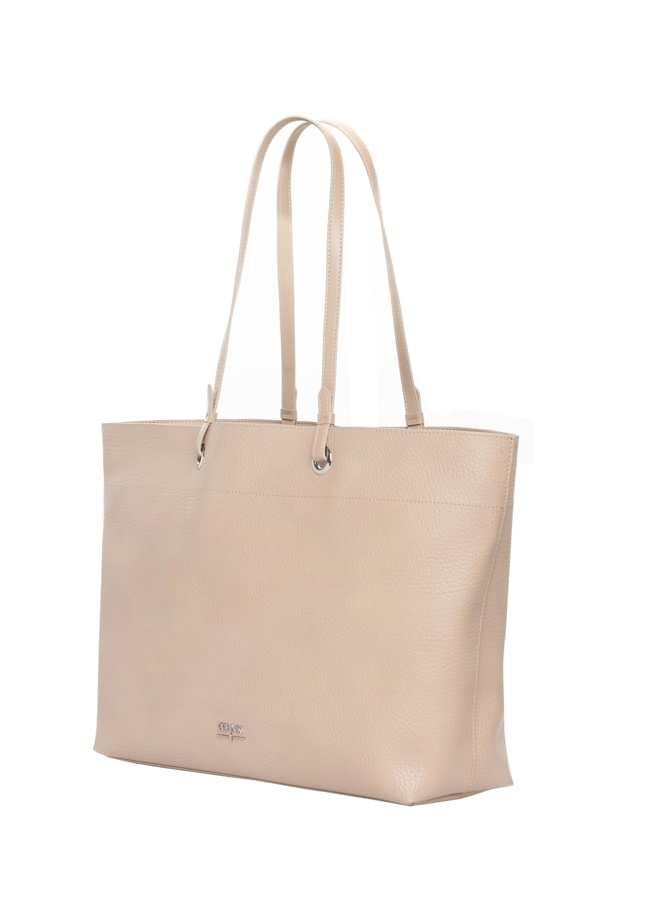 Beżowa groszkowana torebka shopper TOREC-1252-1B(Z26), widok produktu skosem na jasnym tle.