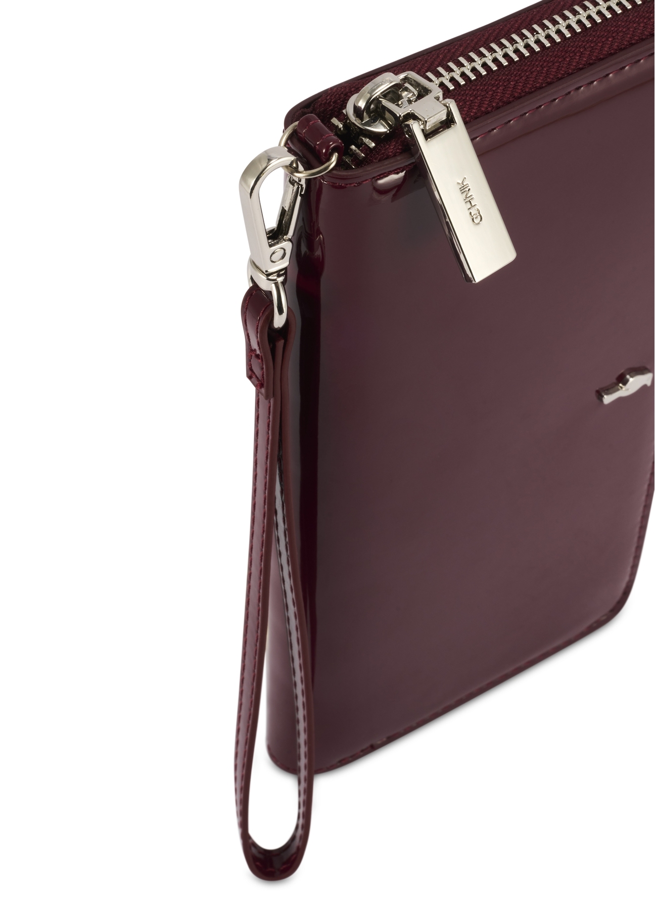 Große burgunderfarbene Damenbrieftasche POREC-0418-49(Z25), Ansicht des abnehmbaren Riemens des Produkts auf weißem Hintergrund.