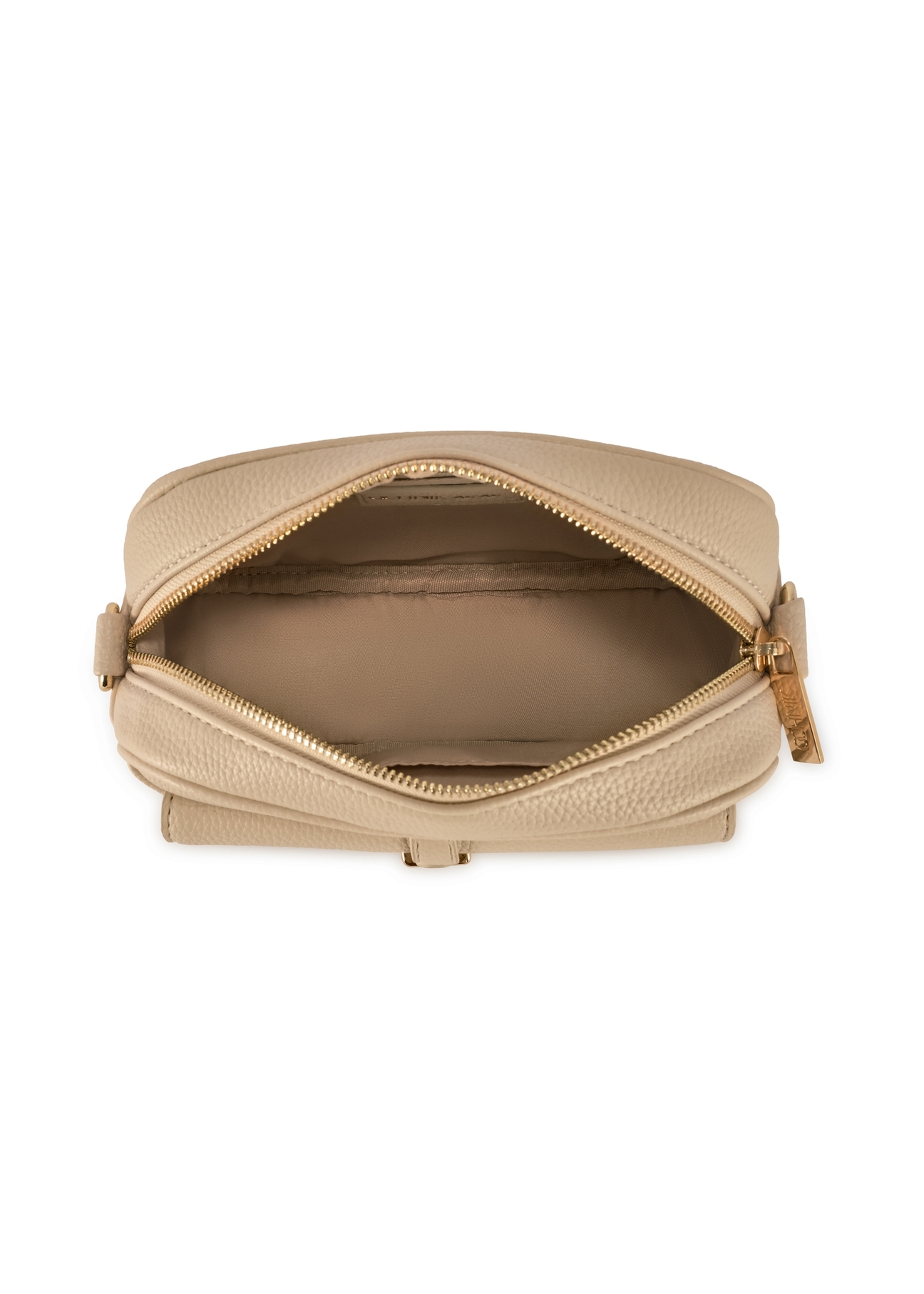 Mała beżowa torebka damska TOREC-1174-1B(W26), widok produktu z góry na białym tle.