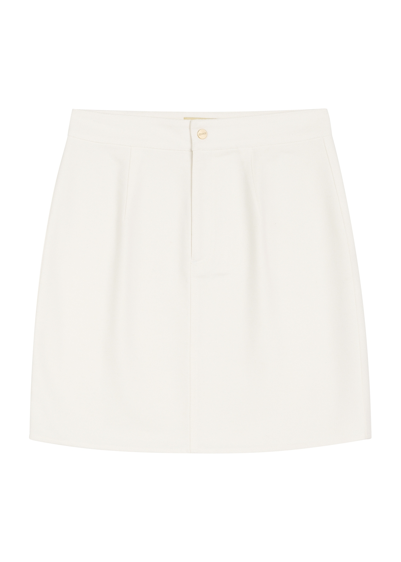 Kremowa denimowa spódnica mini SPCDT-0126-0B(W26) - widok produktu z przodu, na białym tle. 