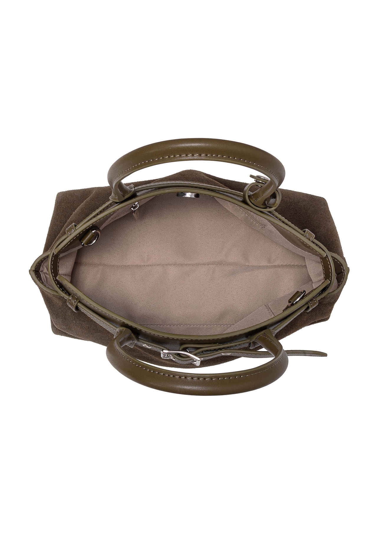 Zamszowa torebka damska w kolorze khaki TORES-1192-55(Z25), widok produktu w środku na białym tle.