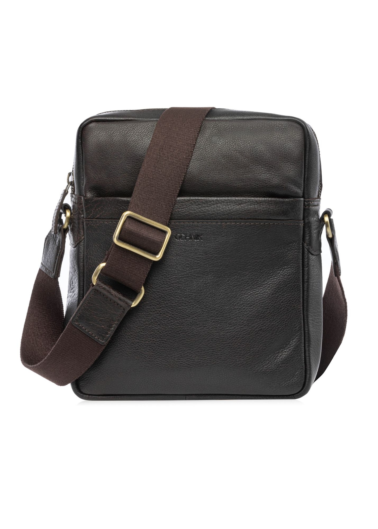 Skórzana torba męska w kolorze ciemnobrązowym TORMS-0502-1I(W26) - widok produktu z przodu, na białym tle. 