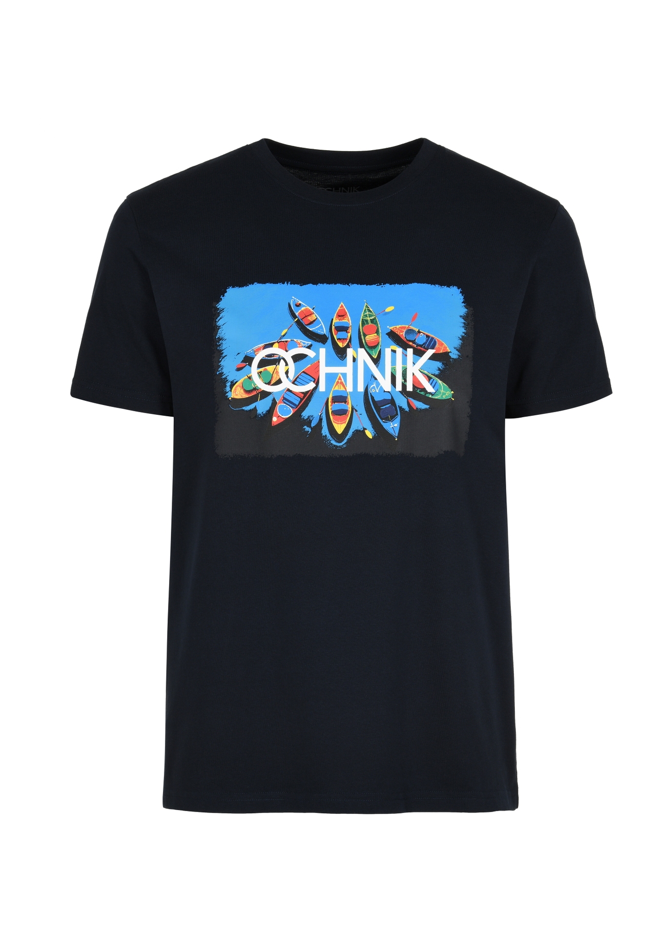 Granatowy T-shirt z kolorowym printem męski TSHMT-0105-69(W24)-03