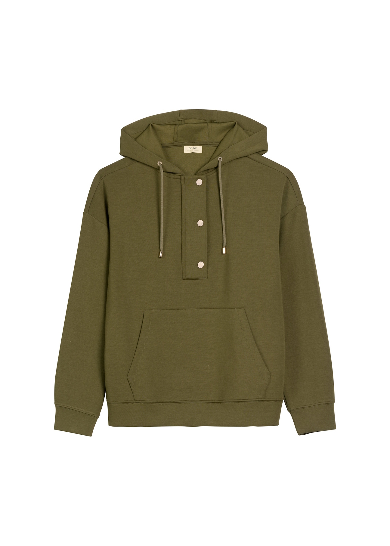 Bluza damska khaki z kapturem BLZDT-0111A-8D(W26), widok produktu z przodu na białym tle.