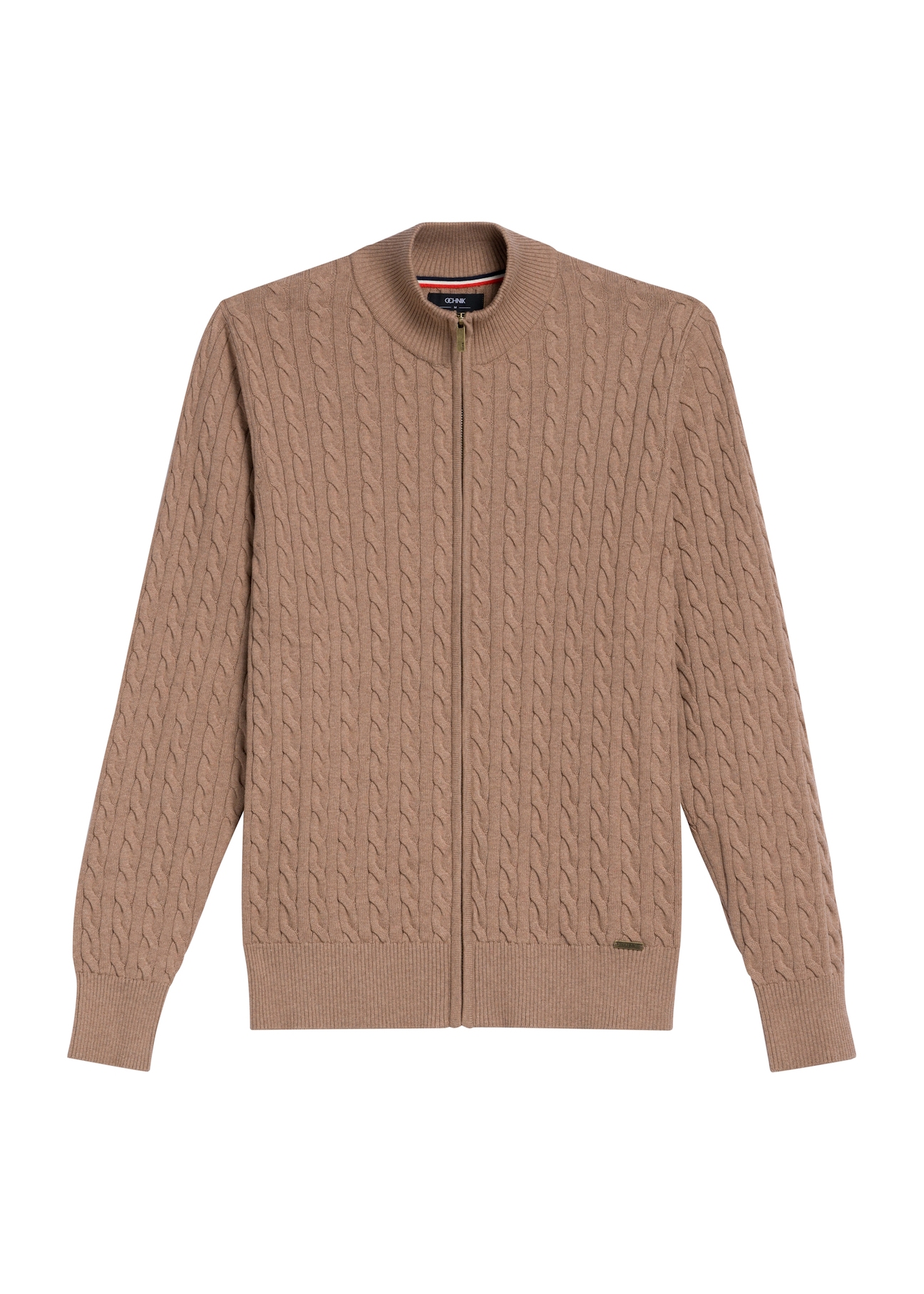 Sweter męski na suwak w kolorze karmelu SWEMT-0169-24(Z25)- widok produktu z przodu na białym tle. 