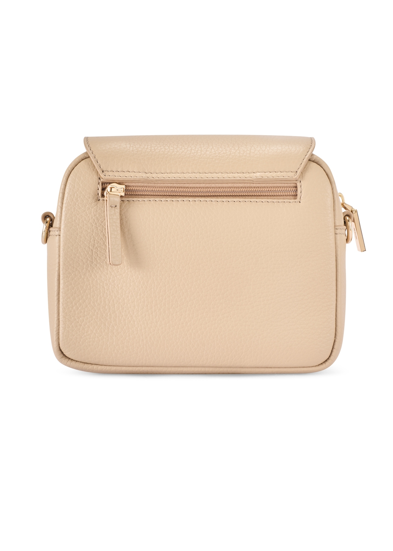 Beżowa skórzana torebka listonoszka damska TORES-0958E-1B(W26) - widok produktu z tyłu, na białym tle.