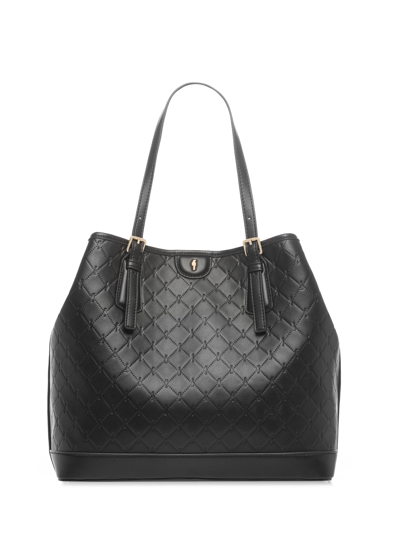 Czarna torebka shopper z monogramem TOREC-1181-9P(W26), widok produktu z przodu na białym tle.