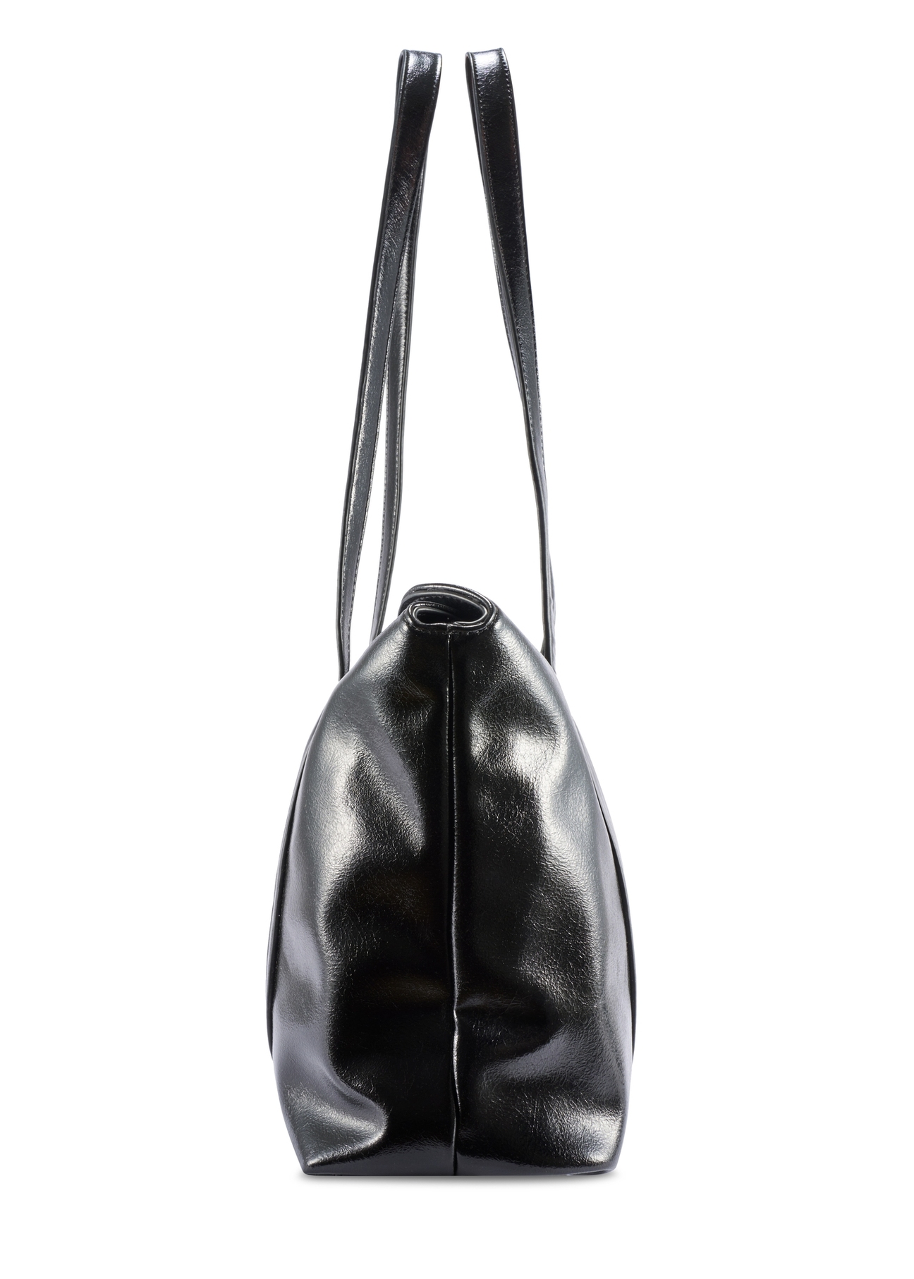 Czarna torebka shopper damska TOREC-1206-9F(W26) - widok produktu z boku, na białym tle. 