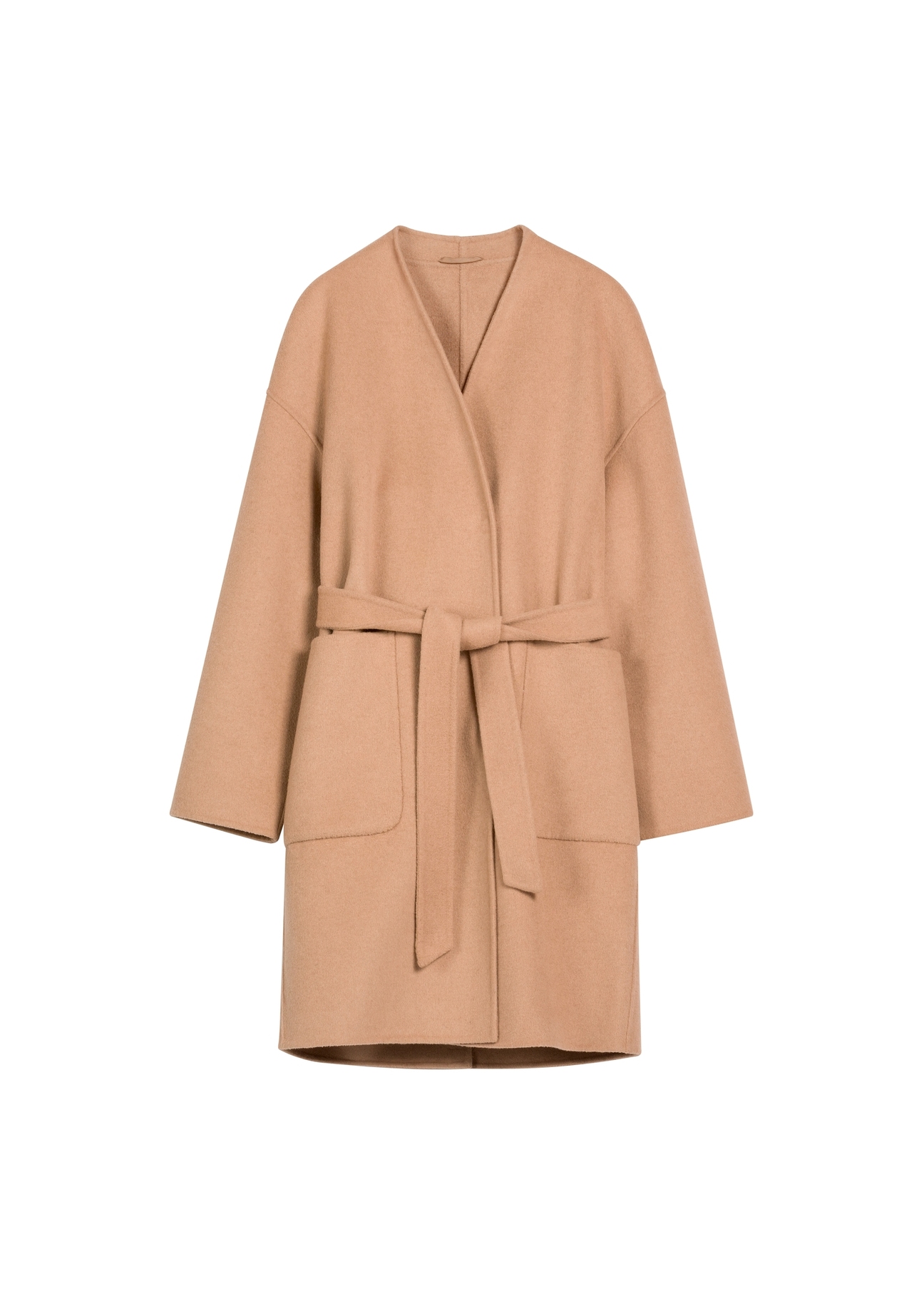 Ciemnobeżowy płaszcz damski z wełną PLADT-0075-1C(W26), widok produktu z przodu na białym tle.