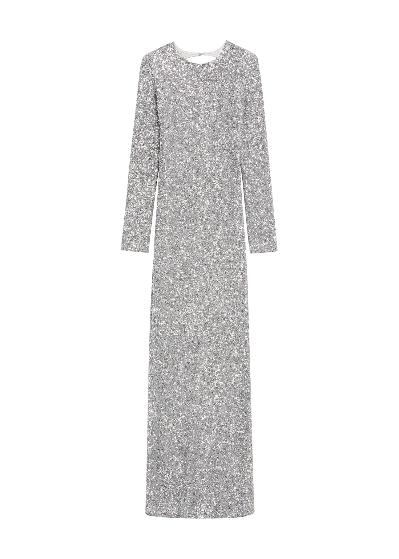 Długa srebrna sukienka damska z cekinami SUKDT-0249-92(Z25), widok produktu od przodu na białym tle.