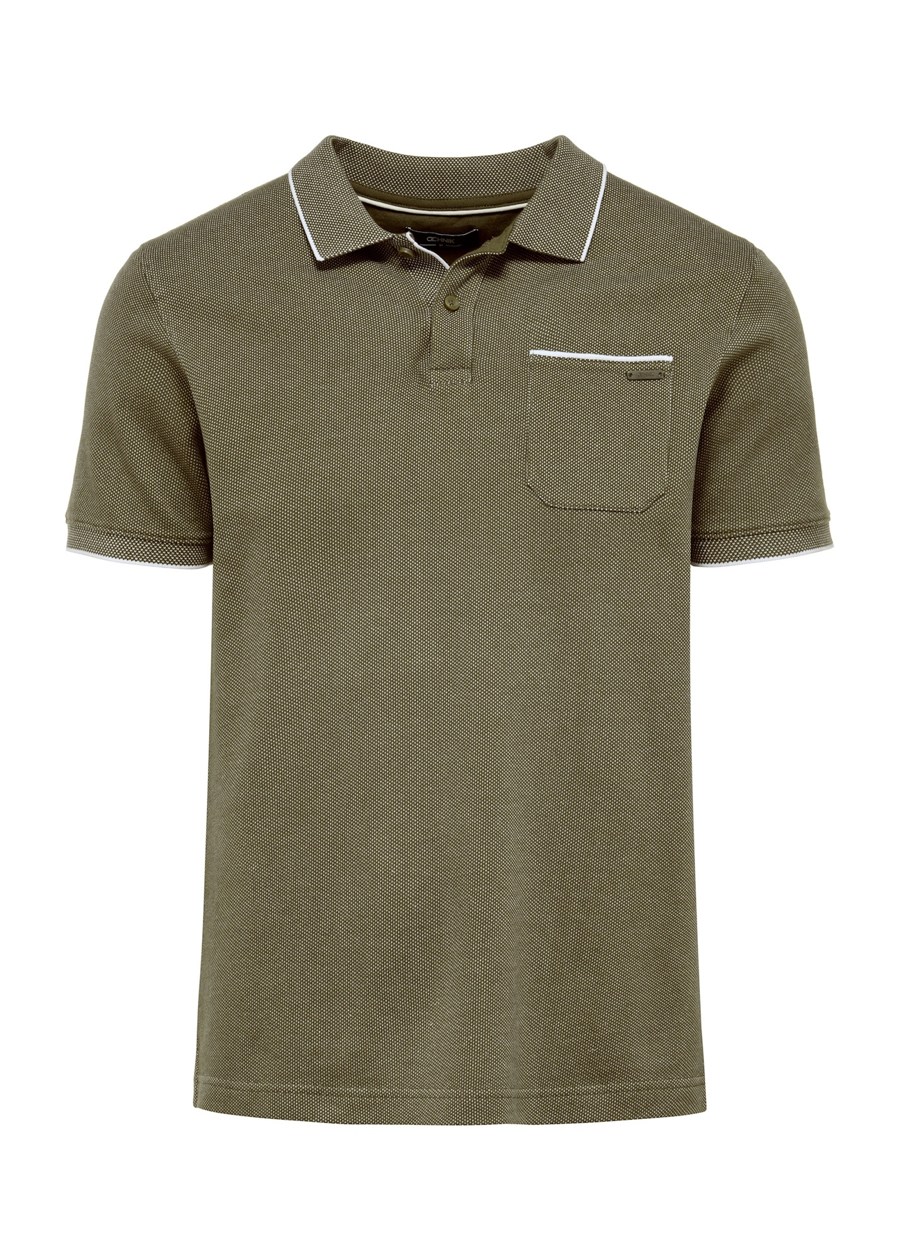 Koszulka polo khaki z bawełny POLMT-0079-55(W25), widok produktu z przodu na białym tle.