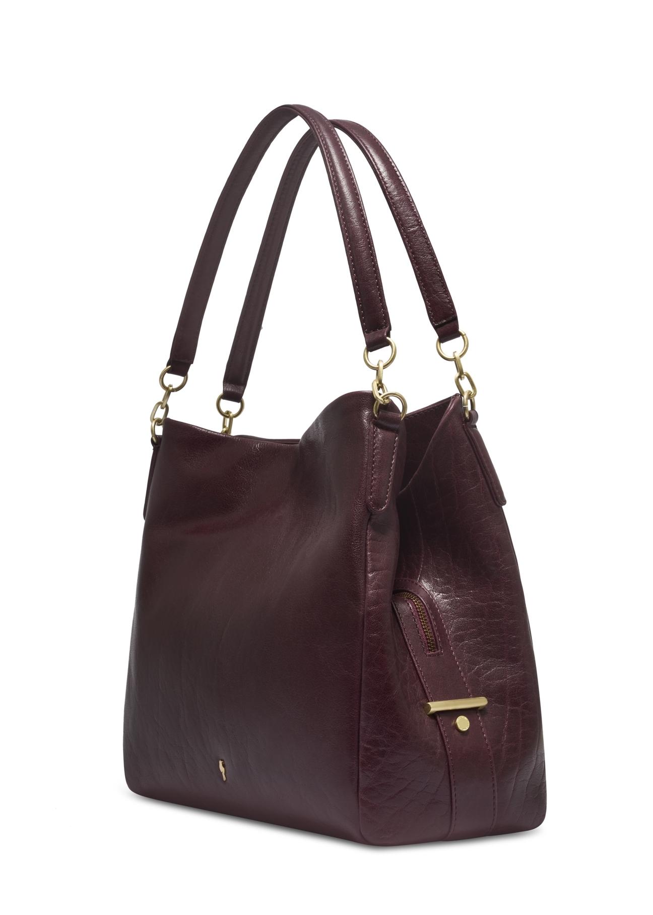 Bordowa skórzana damska torebka shopper TORES-0636-4D(Z26), widok produktu skosem na białym tle.