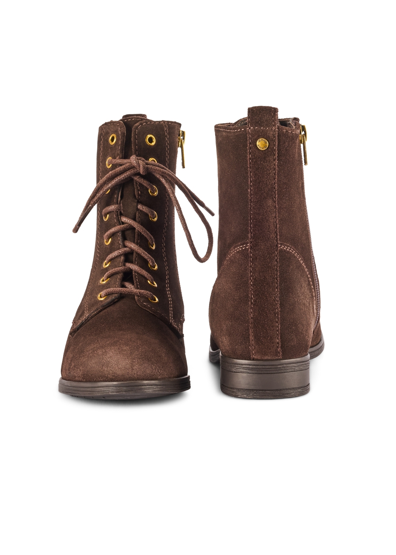 Zamszowe brązowe botki damskie BUTYD-1008-89(Z25), widok produktu od przodu i tyłu na białym tle.