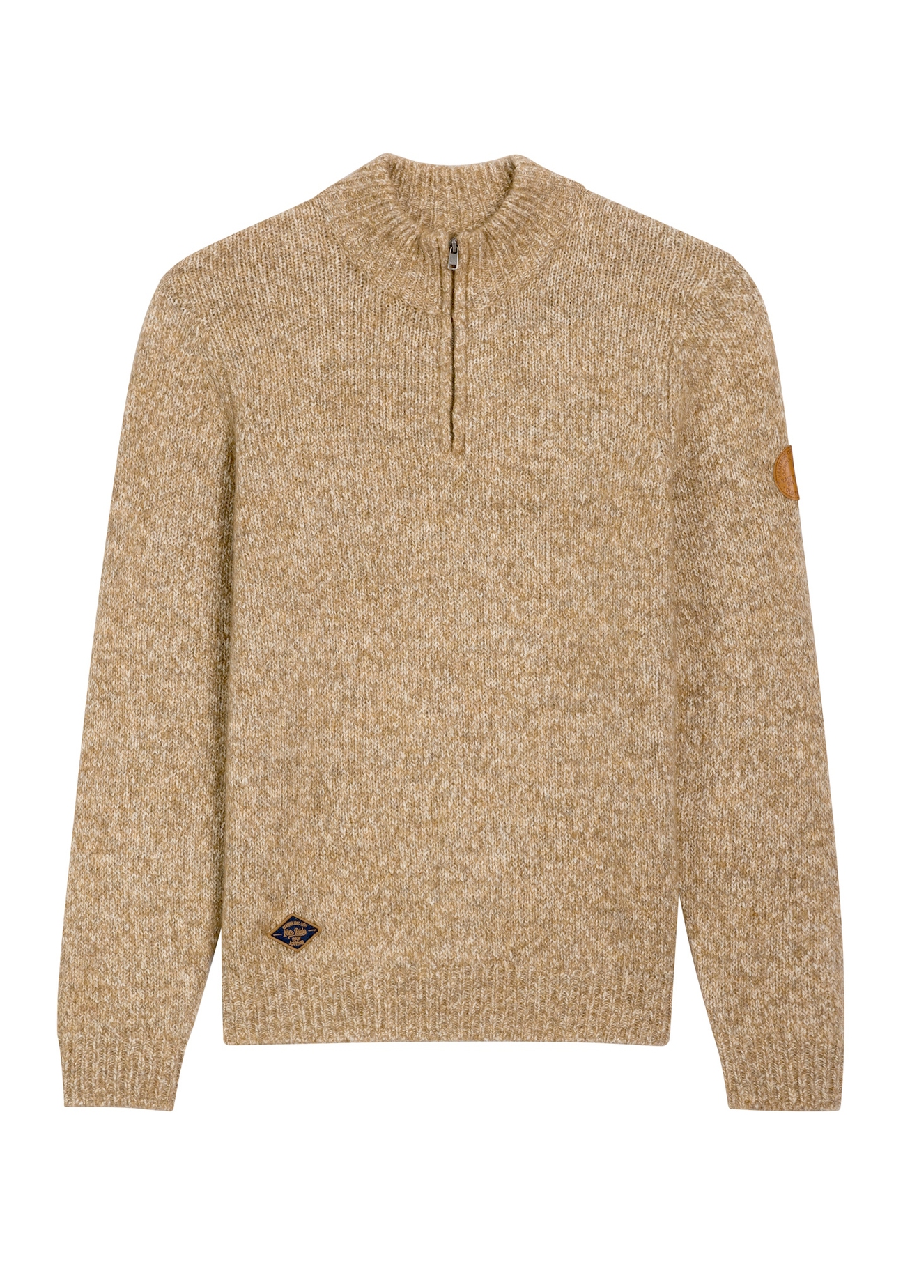 Camelowy sweter męski z wełną SWEMT-0218-1D(Z26), widok produktu z przodu na białym tle.