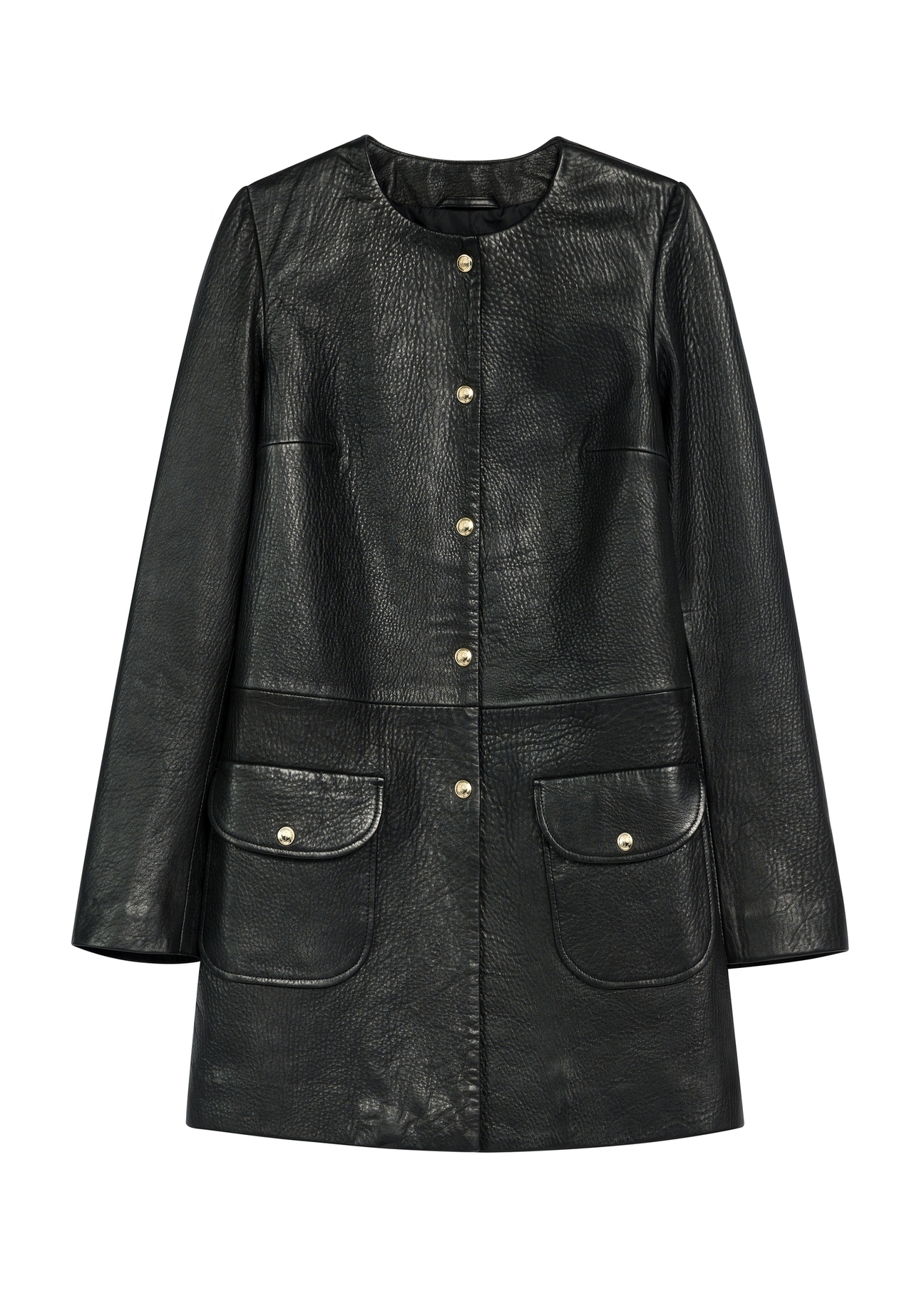 Czarna skórzana kurtka damska KURDS-0583-99(W26), widok produktu z przodu na białym tle.