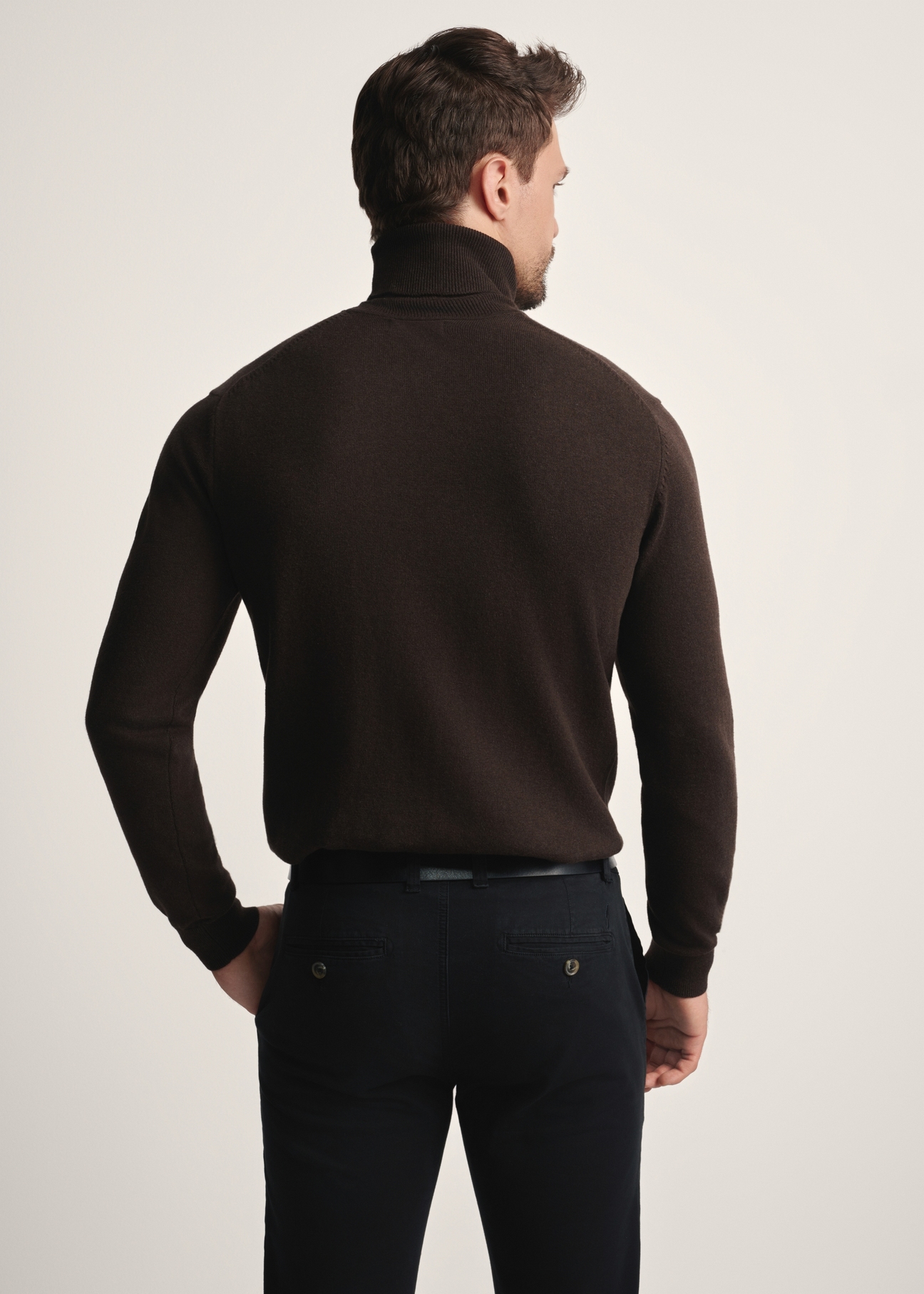 Sweter męski z golfem w kolorze czekoladowym SWEMT-0095B-90(Z25), widok produktu od tyłu na modelu, widoczna połowa sylwetki.