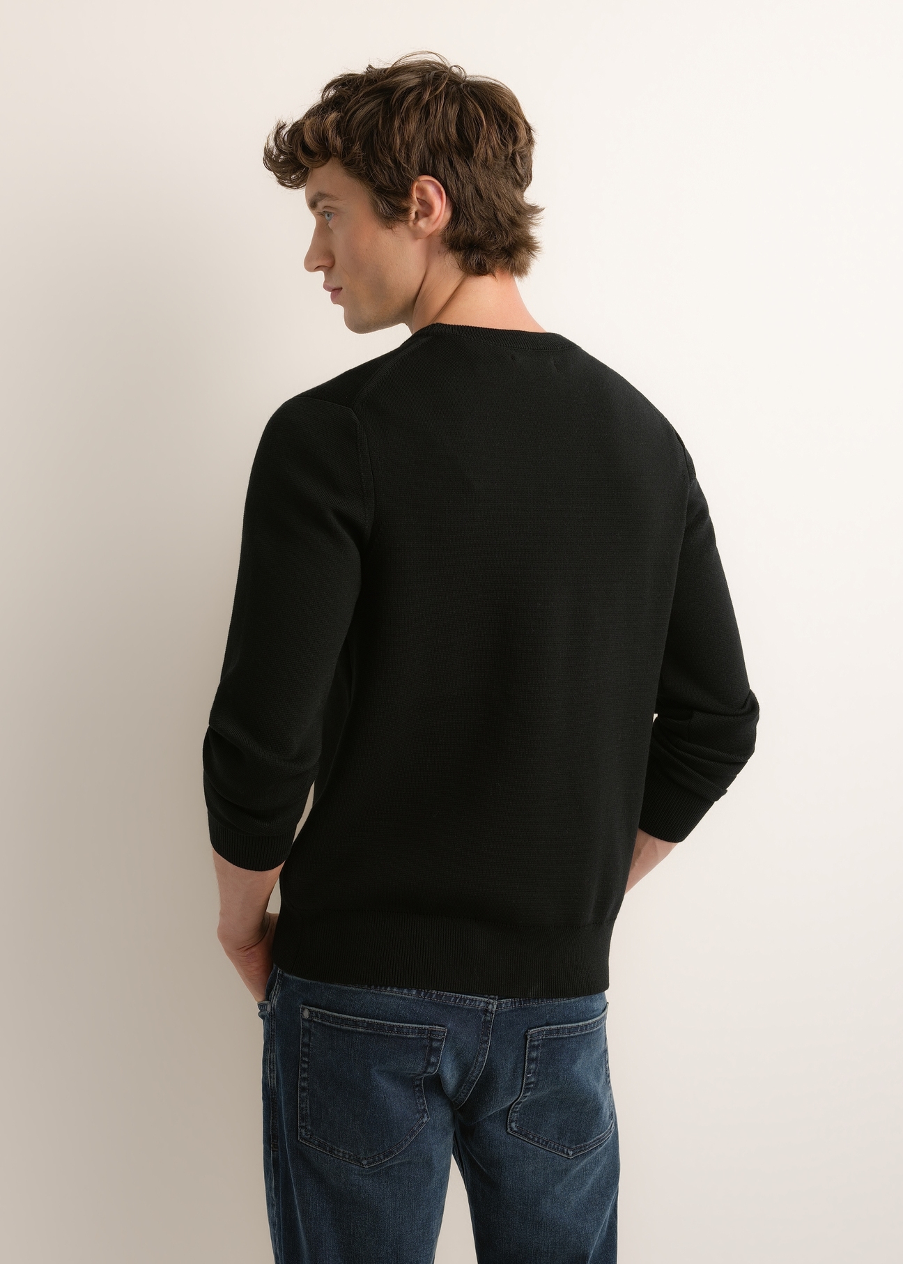 Czarny sweter męski SWEMT-0217-99(Z26), widok produktu z tyłu na modelu, na jasnym tle.