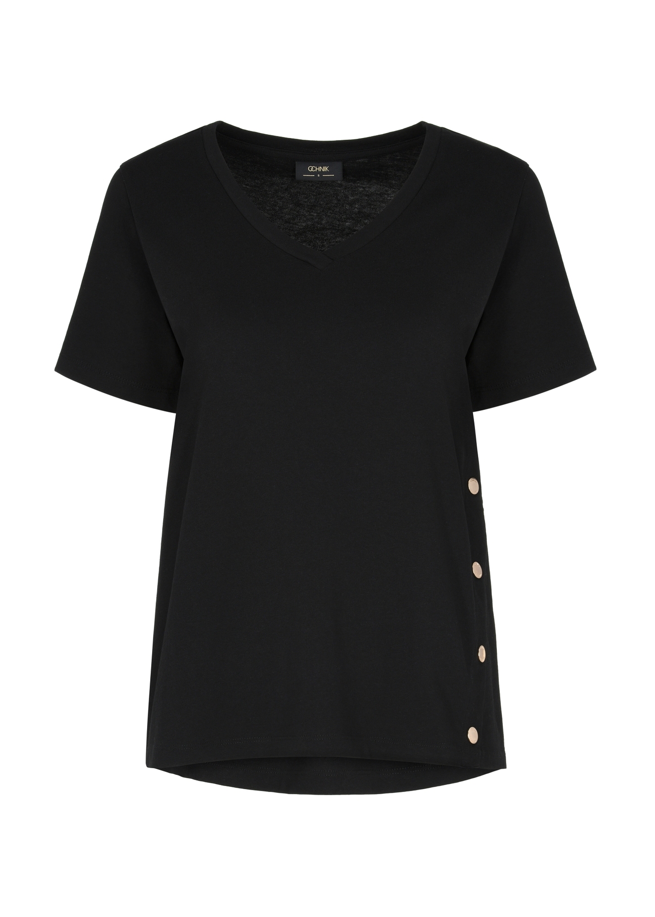 Czarny T-shirt damski z rozcięciem TSHDT-0121-99(W24)-03