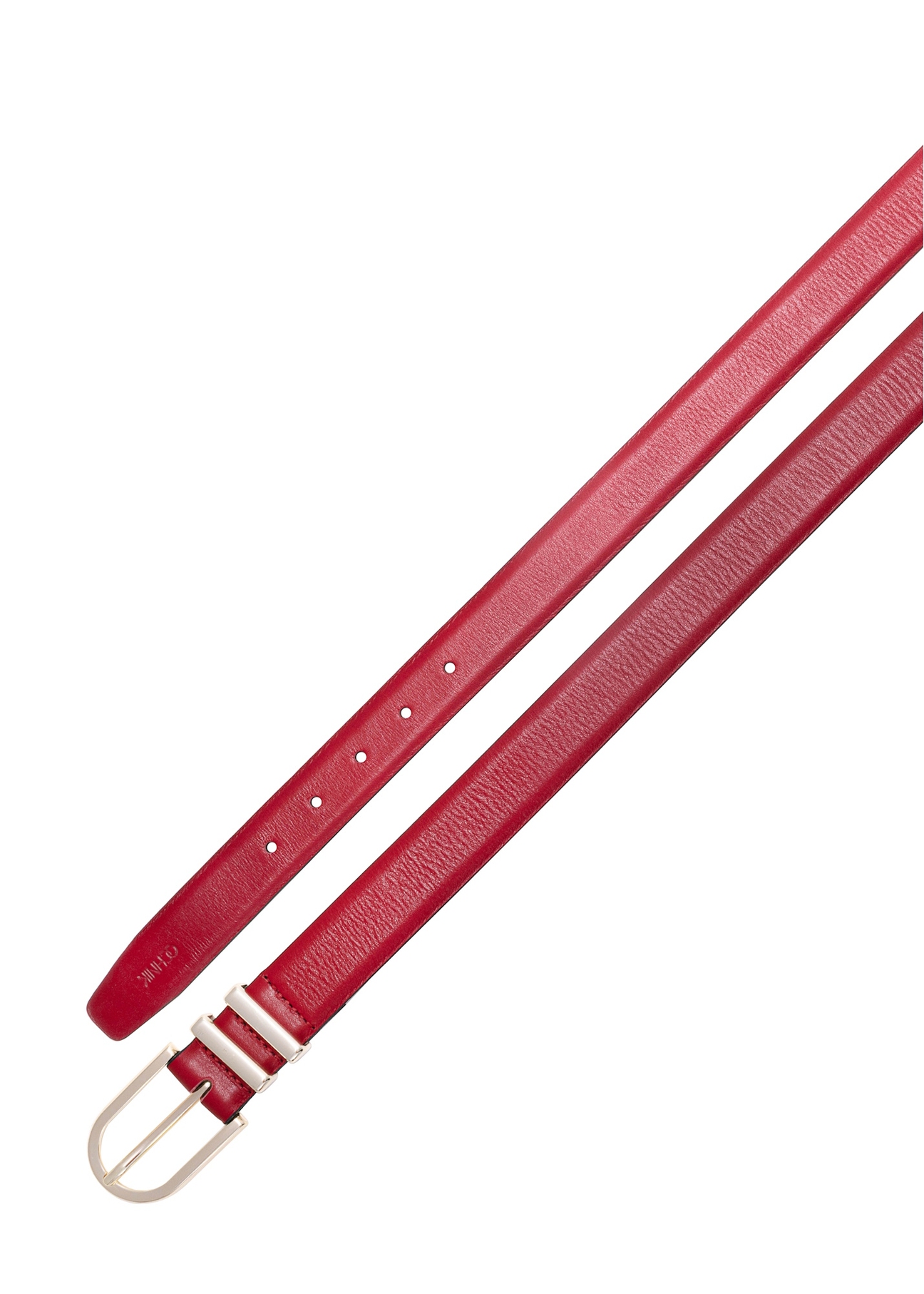 Bordowy skórzany pasek damski PASDS-0159D-49(Z25), widok produktu z góry na białym tle.