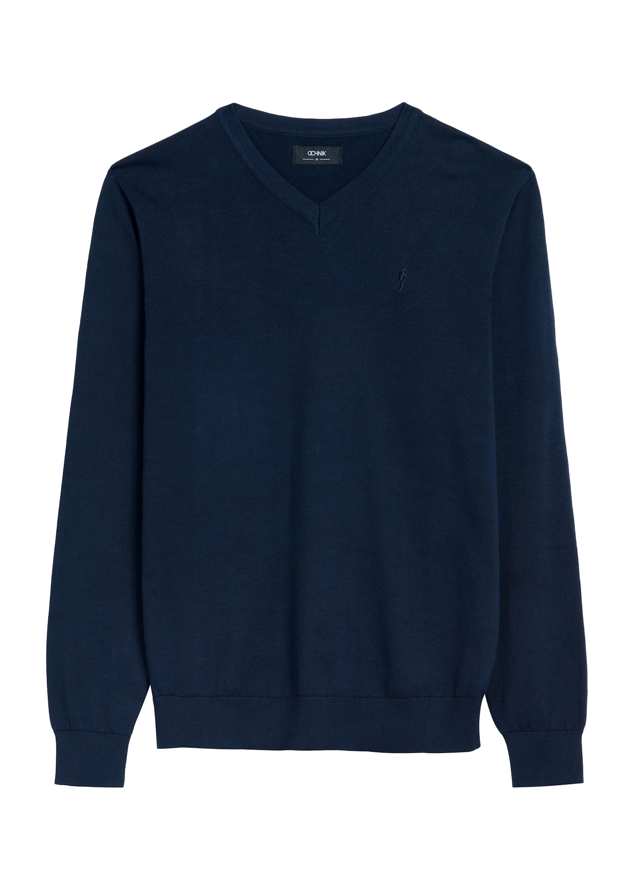 Granatowy sweter męski z logo SWEMT-0159A-68(Z25), widok produktu z przodu na białym tle.