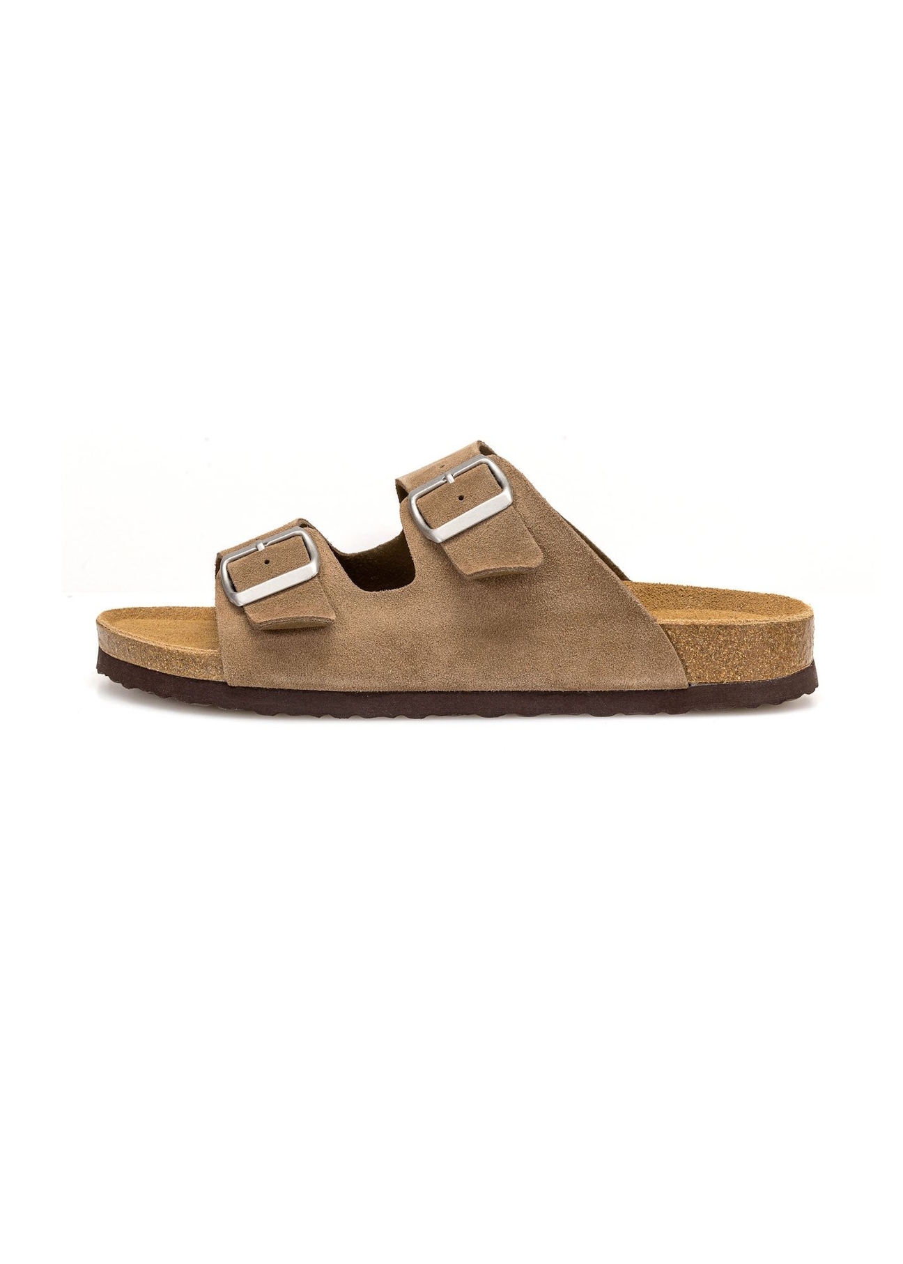 Skórzane klapki męskie w kolorze chłodnego beżu BUTYM-0495-1K(W26), widok produktu z boku na białym tle.