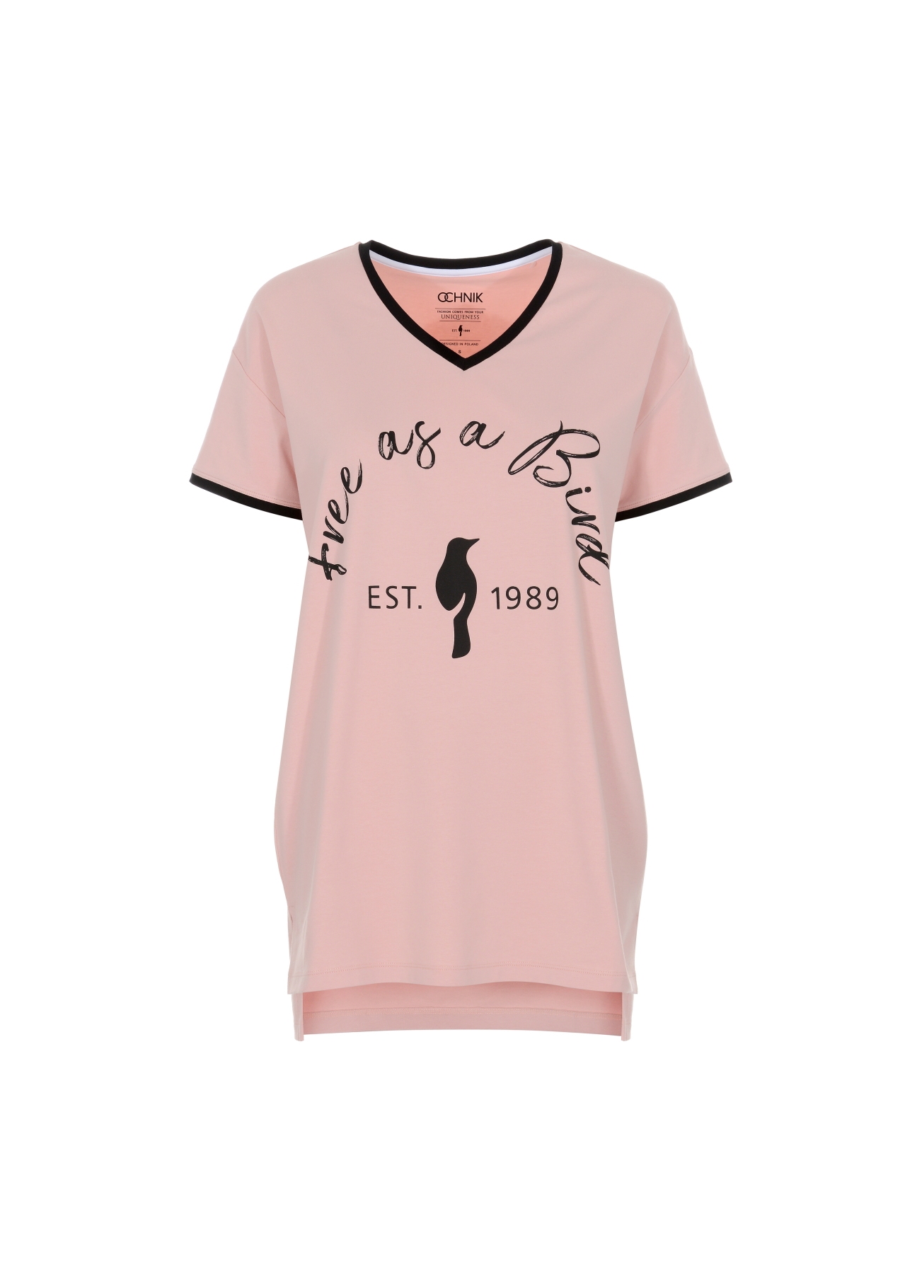 Różowy T-shirt z dekoltem V damski TSHDT-0065-31(W21)-02