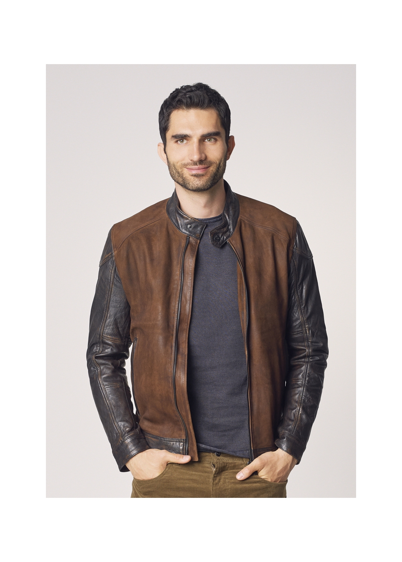 Skórzana kurtka męska z efektem used look KURMS-0250-1154(Z21)-01