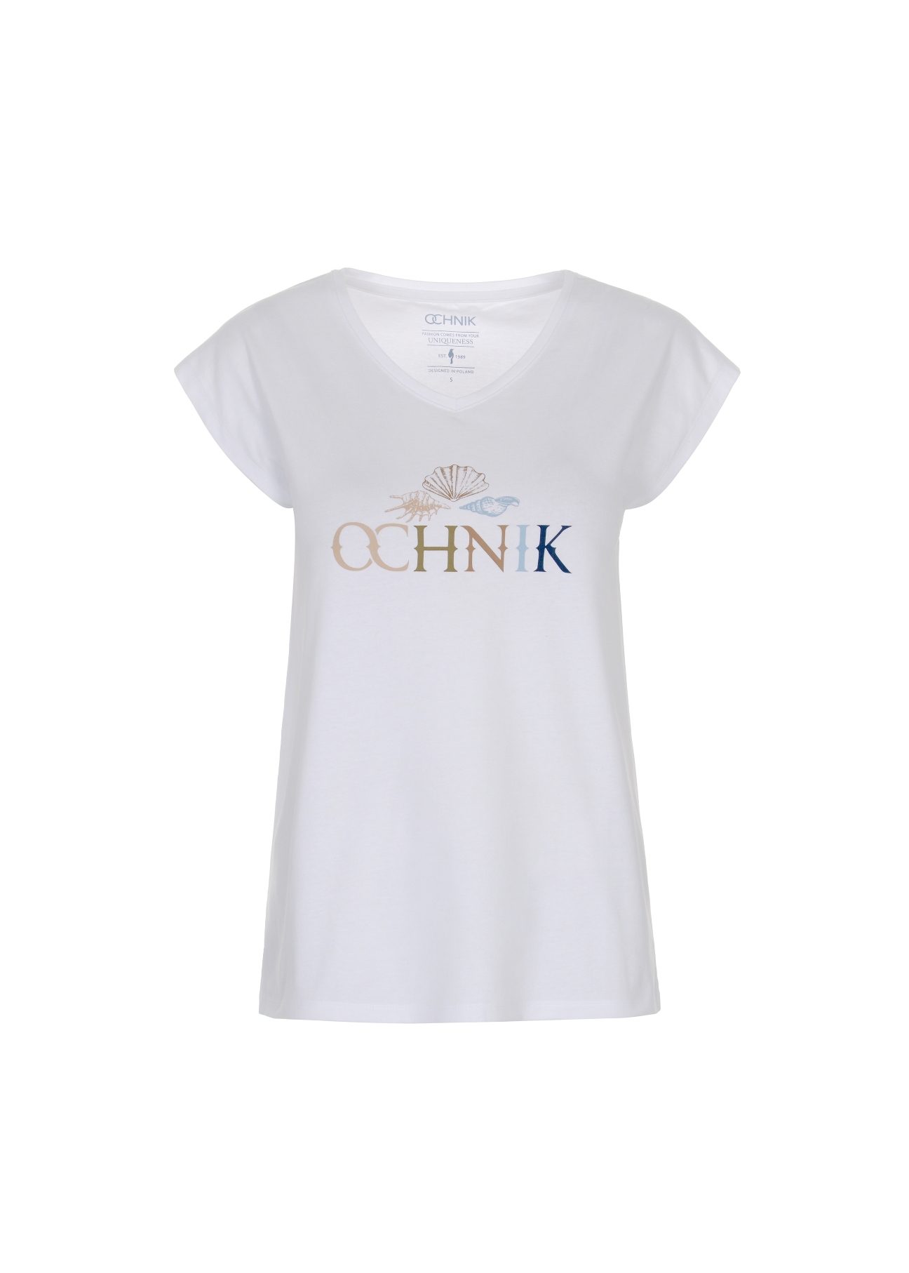 Biały T-shirt z dekoltem V damski TSHDT-0083-11(W22)-03