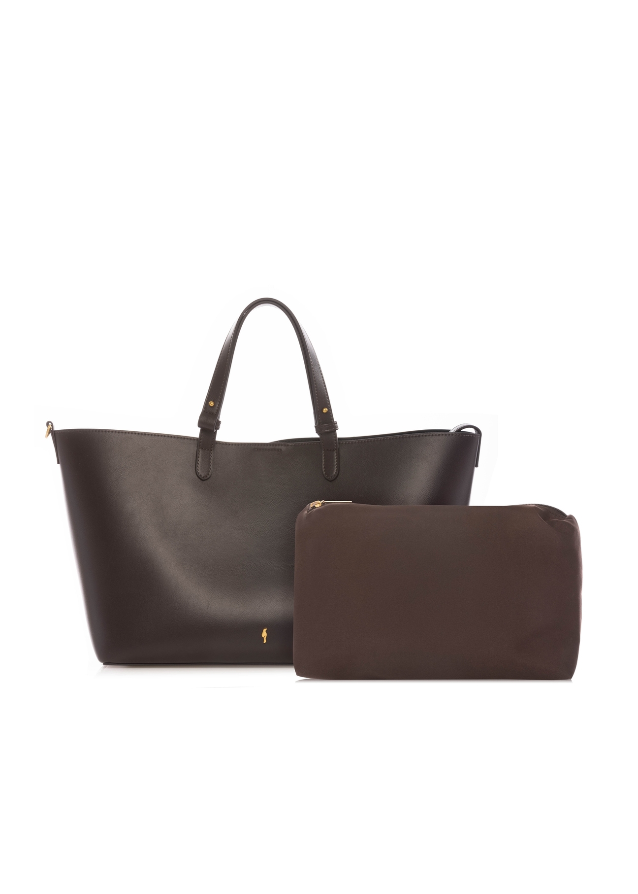 Brązowa damska torebka shopper TOREC-1240-1H(W26),  widok produktu razem z kosmetyczką na białym tle.