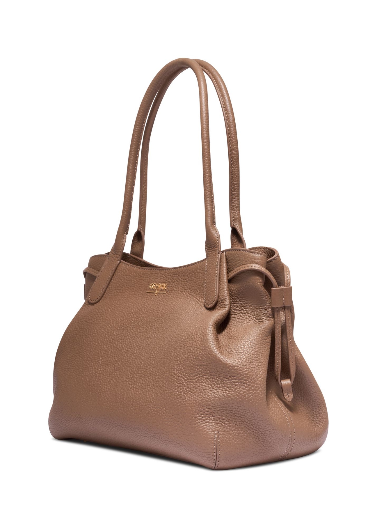 Skórzana torebka shopper w kolorze ciemnego beżu TORES-1360-1K(Z26) - widok produktu po skosie, na białym tle. 