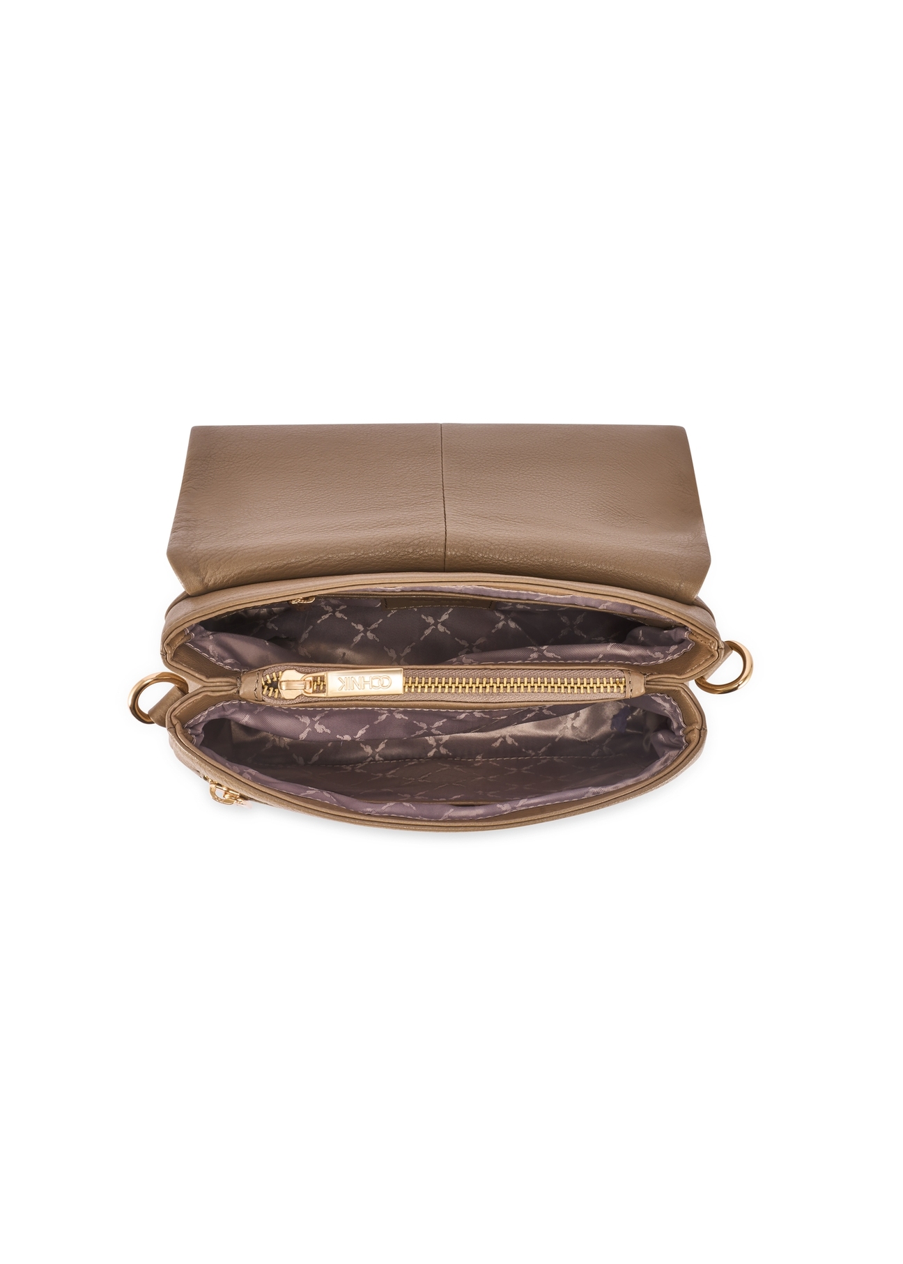 Ciemnobeżowa skórzana torebka damska TORES-0911F-1K(W26) - widok produktu z góry, na białym tle. 